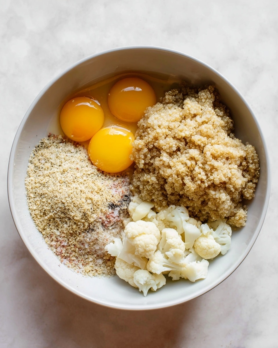 A white bowl holds four distinct layers arranged side by side: on the top left, two raw eggs with bright yellow yolks resting in clear egg whites; top right has a fluffy mound of cooked quinoa, light brown with a slightly grainy texture; bottom left is a pile of fine, light tan breadcrumbs sprinkled with black pepper and some pinkish salt; bottom right features small chunks of pale white cauliflower, looking slightly soft. The bowl sits on a white marbled surface, with soft natural lighting highlighting the colors and textures. Photo taken with an iphone --ar 4:5 --v 7