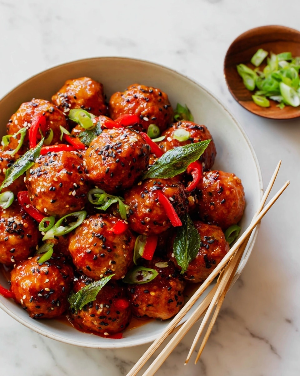 A bowl filled with about twelve shiny, glazed meatballs, each coated with a rich orange-red sauce, scattered with black sesame seeds and chopped green onions. Red bell pepper slices and small green herb leaves are mixed in among the meatballs. The bowl is white and is placed on a white marbled surface, with three bamboo skewers resting on the edge of the bowl. A small wooden bowl with chopped green onions sits in the background. Photo taken with an iphone --ar 4:5 --v 7