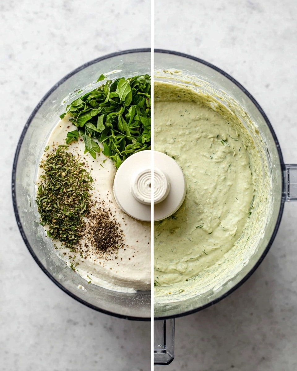 The image shows two photos side by side of a clear food processor bowl on a white marbled surface. The left photo has three clear layers inside the bowl: a creamy white base layer at the bottom, a middle layer of green herbs including basil and parsley, and small piles of ground black pepper on top near the center. The right photo shows the same bowl after blending, filled with a smooth, creamy mixture of light green color with small green herb bits spread evenly inside. The white lid with a round knob is visible in both photos, sitting in the center of the bowl. Photo taken with an iphone --ar 4:5 --v 7