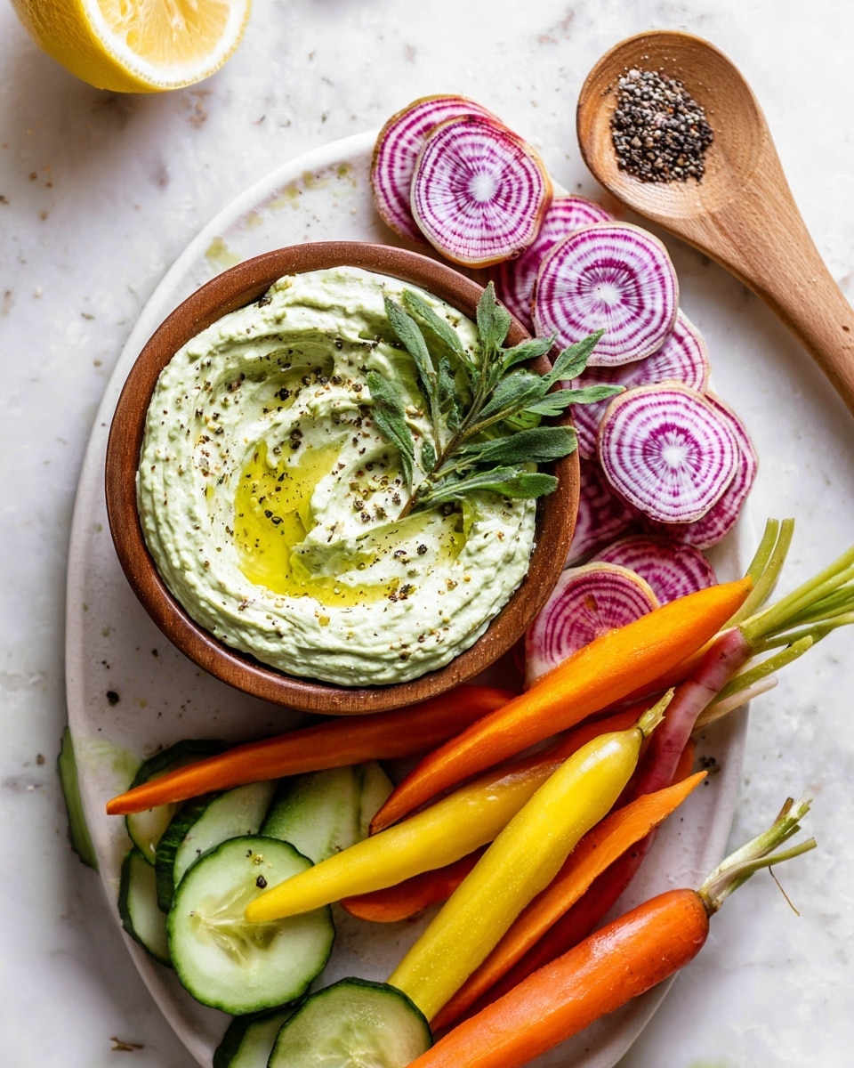 A white plate sits on a white marbled surface holding a small wooden bowl filled with creamy light green dip drizzled with olive oil and sprinkled with black pepper, topped with a small cluster of fresh green herbs on the side. Around the bowl, there are thin round slices of purple and white radishes layered in a small pile, a half lemon wedge with bright yellow color, a long green cucumber slice cut lengthwise, and several whole thin carrots in orange, yellow, and purple colors with green tops still attached. A wooden spoon with cracked black pepper rests nearby on the white marbled surface. photo taken with an iphone --ar 4:5 --v 7