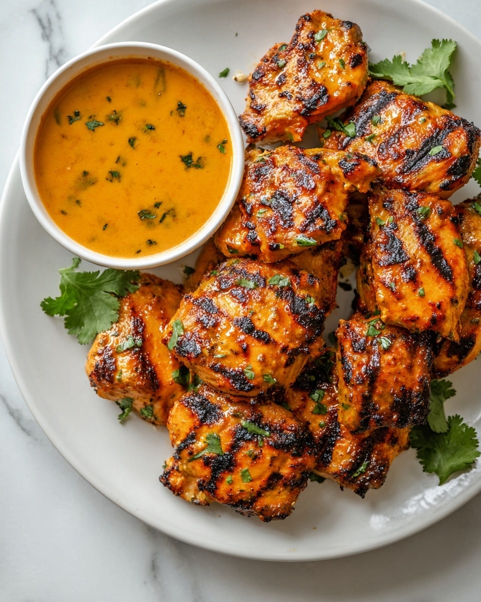 A white plate filled with a stack of nine grilled chicken pieces coated in a bright orange, slightly textured marinade, with dark grill marks adding contrast. Fresh green cilantro leaves are scattered over the chicken, adding a pop of color and freshness. In the top left corner of the plate, a white bowl holds a smooth, creamy orange sauce speckled with small green herbs. The whole scene is set on a white marbled surface, enhancing the colors and textures of the food. photo taken with an iphone --ar 4:5 --v 7