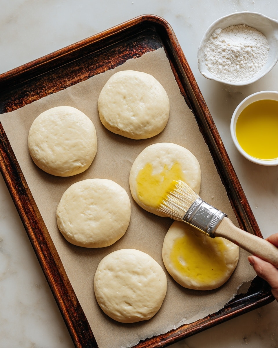 The image shows six small, round dough pieces placed on parchment paper on a baking tray with a rustic metal edge. Each dough piece is pale beige with a soft, slightly uneven texture. A close-up shows a woman's hand holding a brush with light brown bristles, spreading a shiny layer of golden oil over one dough piece in the center right. In the top right corner, there are two white bowls—one filled with yellow oil and the other with white flour. The surface beneath the tray is a white marbled texture. photo taken with an iphone --ar 4:5 --v 7