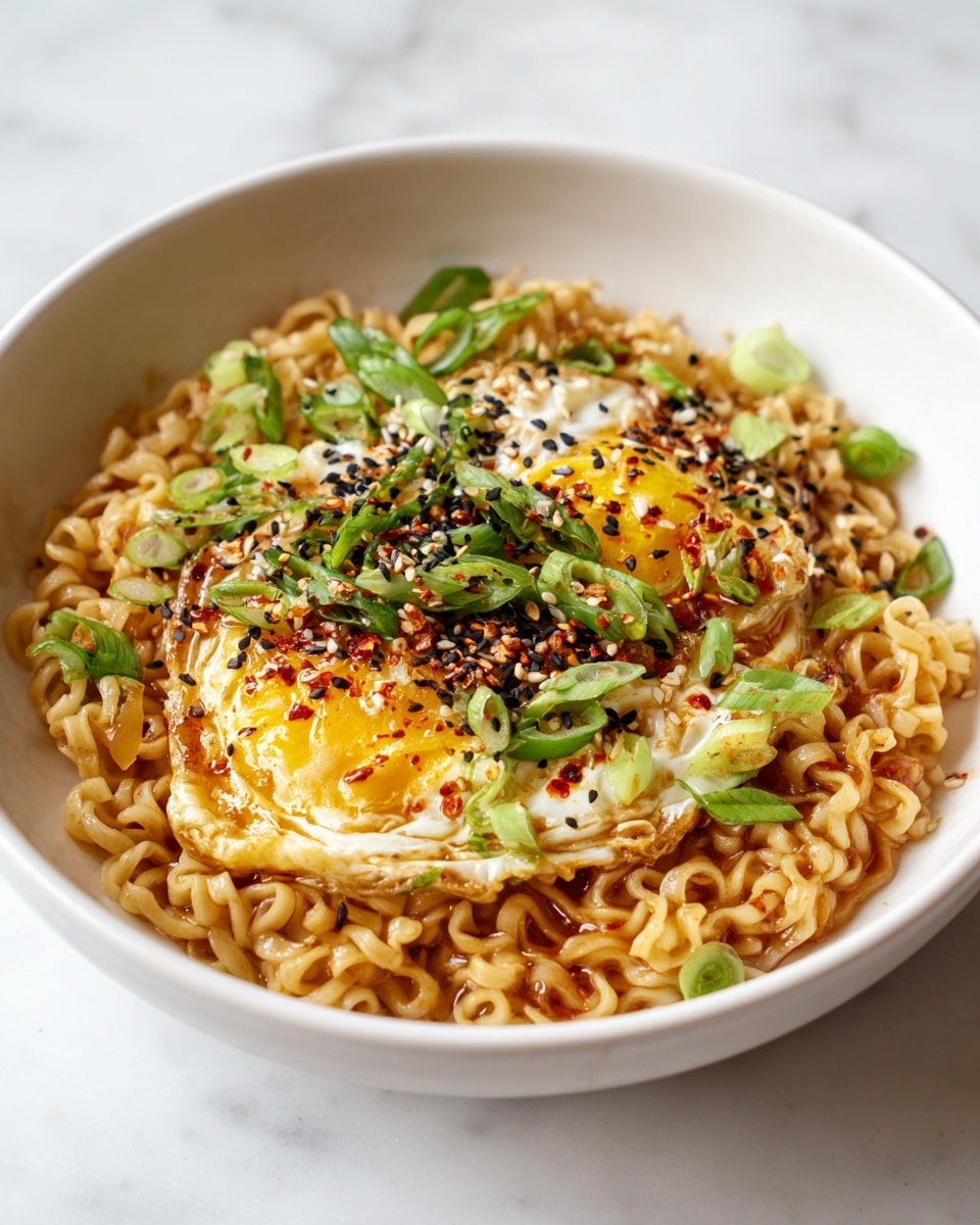 A white bowl holds three main layers: the bottom layer is curly cooked noodles in a light brown sauce with a slightly shiny texture; the middle layer is a cooked yellow egg with some browned edges, placed over the noodles; the top layer is a mix of sliced green onions, black and white sesame seeds, and red chili flakes scattered over the egg, adding pops of green, black, white, and red. The bowl sits on a white marbled surface. photo taken with an iphone --ar 4:5 --v 7