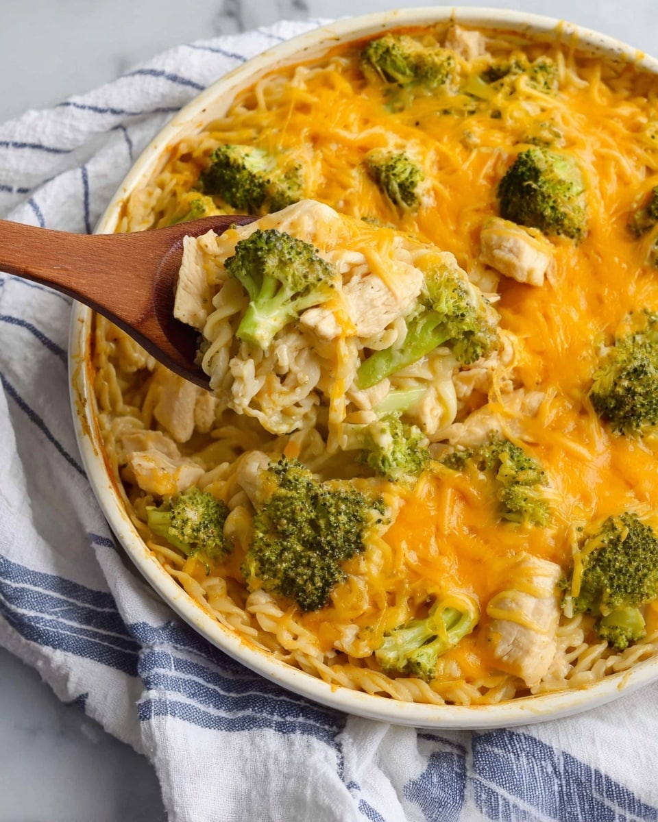 A white round dish filled with a baked casserole showing three clear layers: the bottom layer is soft, creamy noodles in pale beige, the middle layer has light golden-brown cooked chicken pieces mixed with bright green broccoli florets, and the top layer is melted cheddar cheese in rich orange-yellow, evenly covering the surface. A wooden spoon lifts a portion, revealing the layers inside, and the dish sits on a white marbled surface partially covered by a white cloth with blue stripes. Photo taken with an iphone --ar 4:5 --v 7