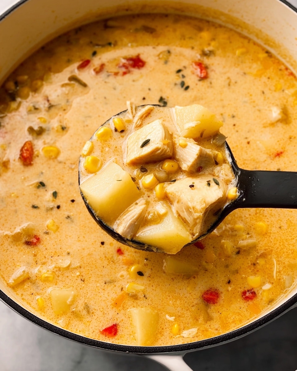 A close-up of a thick creamy soup with a pale orange color, filled with chunks of white potatoes, yellow corn, small red pieces, and white chicken pieces visible throughout. The soup is inside a white pot with a black rim, and a black ladle is scooping a portion from the pot, showing the soup's chunky texture. The surface behind and around the pot is a white marbled texture. photo taken with an iphone --ar 4:5 --v 7