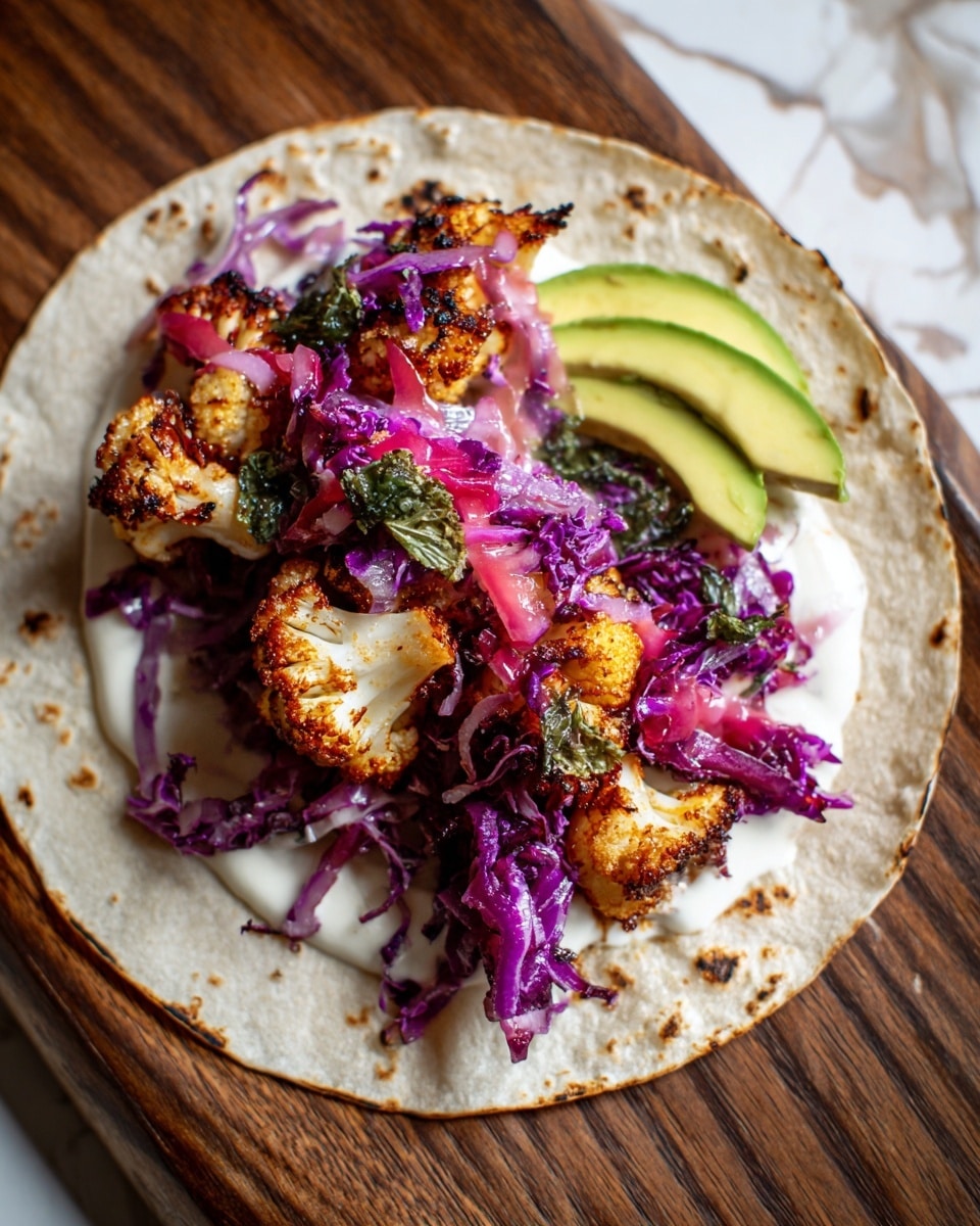 The dish shows a single open tortilla on a wooden surface with a white marbled texture background. The first layer is a creamy white sauce spread across the tortilla. On top of this, there are golden-brown roasted cauliflower pieces with slightly charred edges. Bright purple shredded cabbage with some green herb leaves is piled over the cauliflower. On one side, there are three neatly placed slices of light green avocado. The overall look is colorful and fresh, with a mix of soft and crunchy textures. photo taken with an iphone --ar 4:5 --v 7