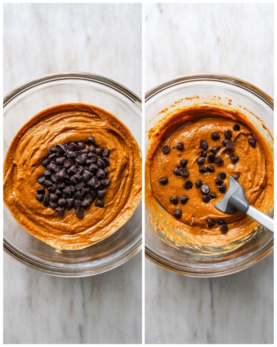 Two images side by side show a clear glass bowl on a white marbled surface. The bowl holds thick, orange-brown batter with a smooth texture. In the left image, a cluster of dark chocolate chips sits on top of the batter near the center, with a spatula resting against the bowl's side. In the right image, the chocolate chips are mixed into the batter, creating small dark spots throughout. The bowl is round and transparent, showing the batter's color and texture from above. Photo taken with an iphone --ar 4:5 --v 7
