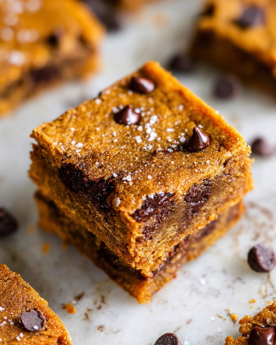 The image shows a close-up of two stacked thick square blondies on a white marbled surface. The top blondie is golden brown with a slightly crisp edge, and it has small melted dark brown chocolate chips scattered on and inside it. The top blondie also has a few grains of white sea salt lightly sprinkled on the surface. The bottom blondie is visible and has a similar texture and color. Around the stacked blondies are more scattered chocolate chips and some blurry parts of other blondies in the background. Photo taken with an iphone --ar 4:5 --v 7