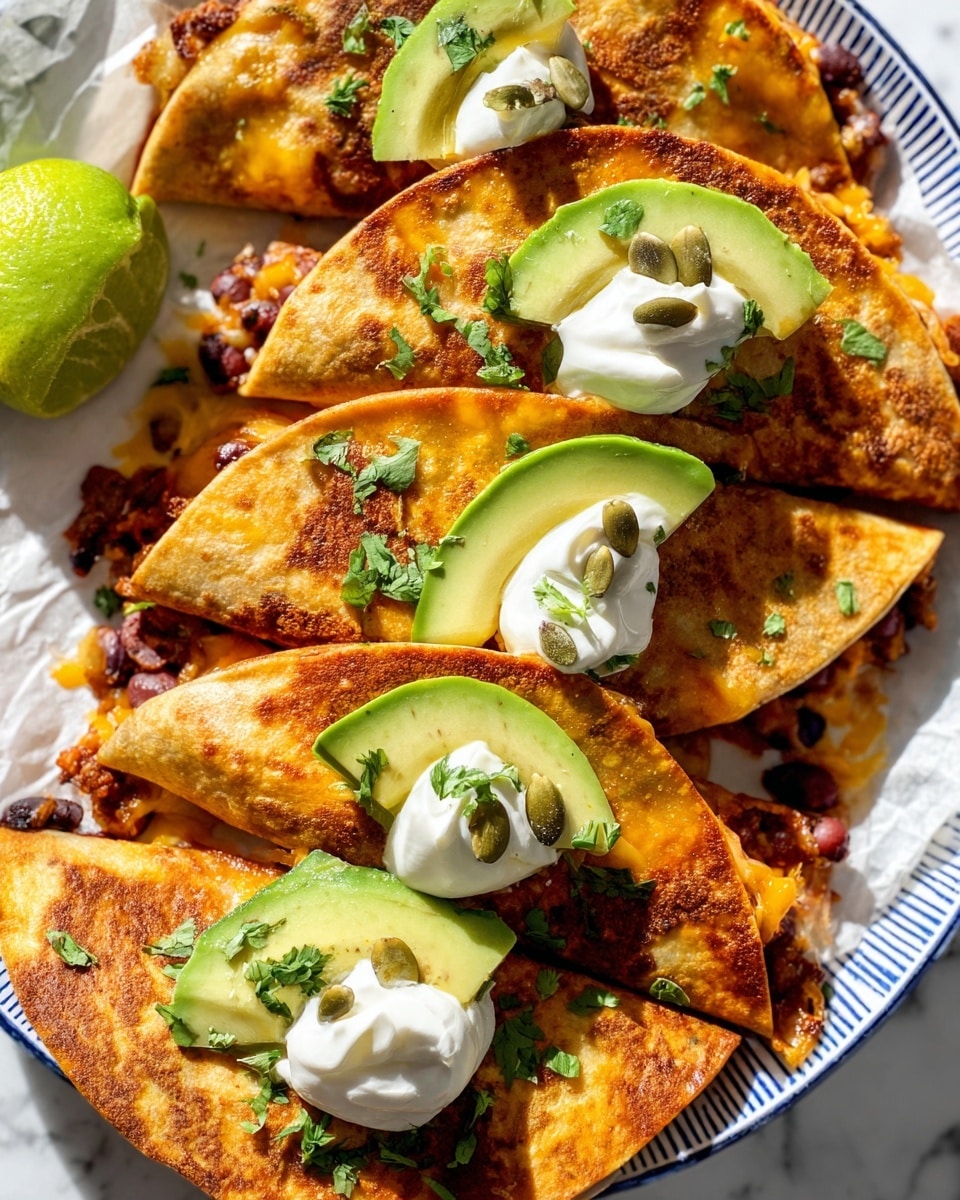 This image shows four folded tortillas with a crispy golden brown texture on top, each filled with a melted layer of yellow cheddar cheese and dark beans inside. On top of each tortilla, there is a dollop of white sour cream, a few light green pumpkin seeds, and a small slice of fresh avocado with a smooth, creamy texture. There are small bits of chopped green cilantro sprinkled over the tortillas. The plate holding the tortillas is white with a blue striped pattern on the edge, lined with white parchment paper. A half lime with a bright green color sits on the left side, and the surface below is a white marbled texture. photo taken with an iphone --ar 4:5 --v 7