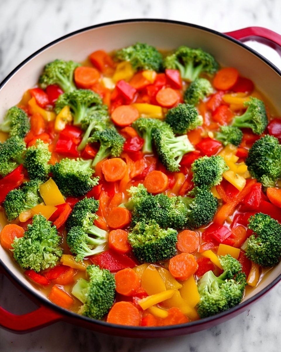 A round white pan with a red outer edge holds a mix of fresh vegetables. The bottom layer consists of light brown cooking oil or sauce. On top, there are bright green broccoli florets, orange carrot slices, yellow bell pepper pieces, and red bell pepper pieces, spread evenly all over the pan. The background is a white marbled surface. Photo taken with an iphone --ar 4:5 --v 7