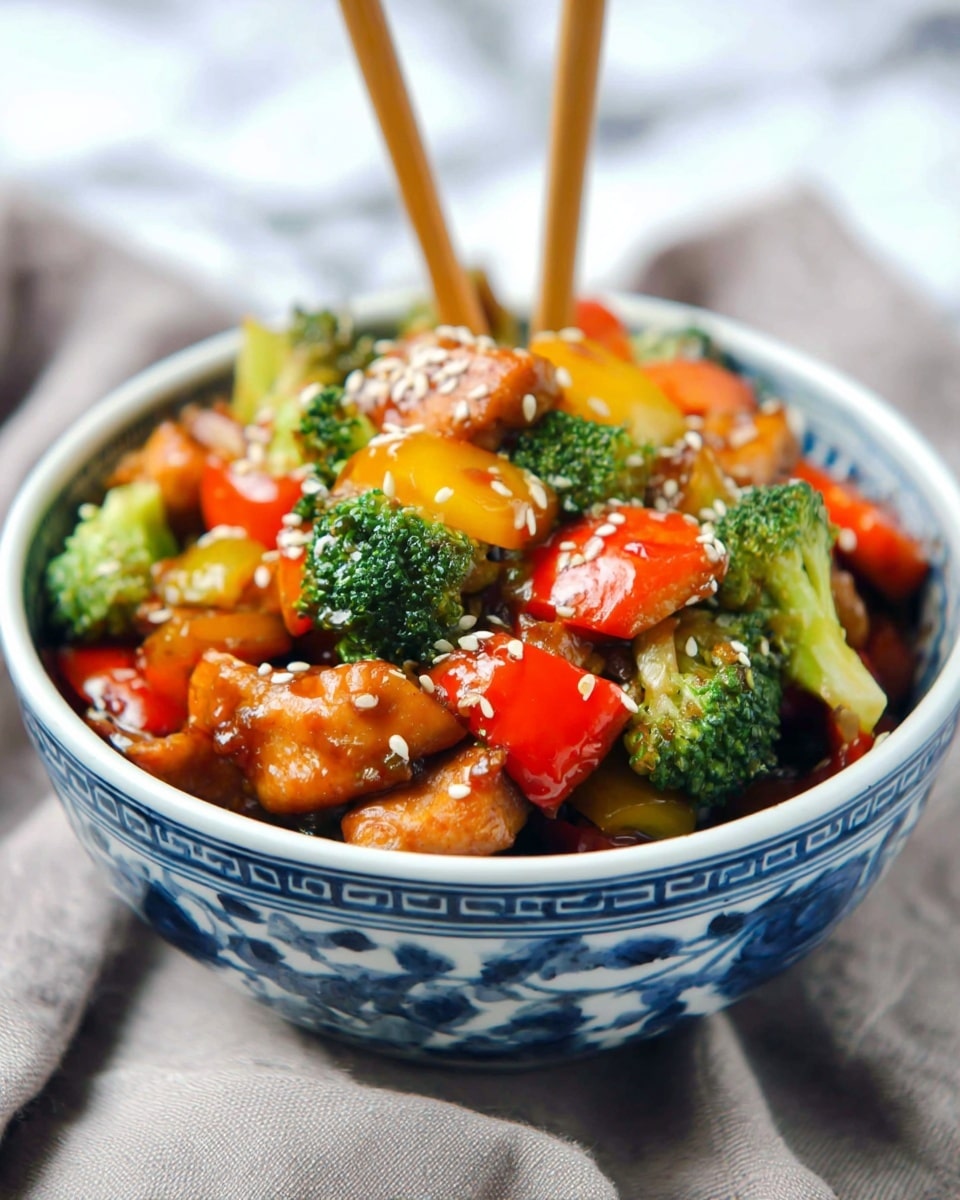 A white bowl with blue patterns is filled with a colorful stir-fry dish consisting of three main layers: the bottom is made up of glossy brown pieces of cooked chicken, the middle layer has bright green broccoli florets with a fresh texture, and the top layer has shiny chunks of red and yellow bell peppers mixed with orange carrot slices. White sesame seeds are sprinkled lightly on top, and two wooden chopsticks are stuck into the food, standing upright. The bowl sits on a light gray cloth with a white marbled background. Photo taken with an iphone --ar 4:5 --v 7