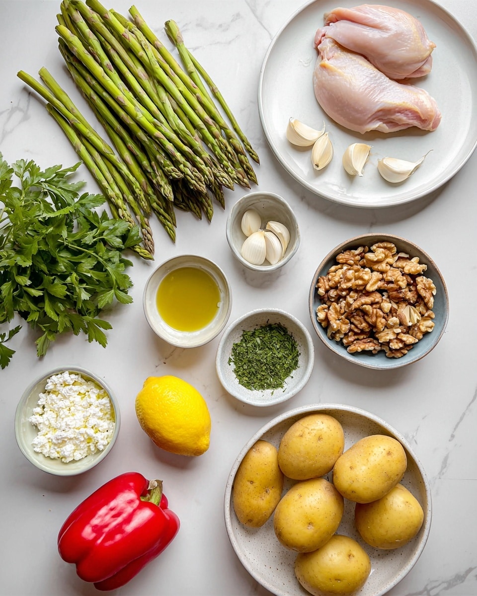 The image shows ingredients arranged on a white marbled surface. In the top right corner, there is a white plate with two pieces of raw chicken. Below that, a bundle of fresh green asparagus lies horizontally with several garlic cloves scattered nearby. To the center right, five small oval yellow potatoes are grouped. Near the potatoes is a small white bowl filled with clear golden olive oil. A small light gray bowl containing walnuts is placed near the top center. To the left, a small white bowl with white crumbled cheese is shown. A sliced yellow lemon is positioned toward the bottom left, near a bunch of fresh green parsley. A half red bell pepper sits inside a white bowl colored green on the inside, near the top left. A small bowl of dried green herbs is placed just above the walnut bowl. photo taken with an iphone --ar 4:5 --v 7
