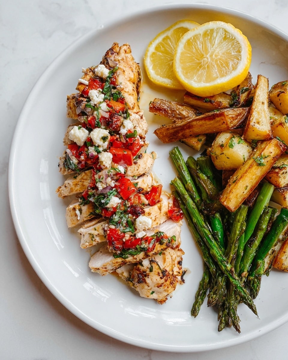 A white plate on a white marbled surface holds a meal with three main parts. On the left, there are several pieces of sliced cooked chicken that are seasoned and light brown on the outside, topped with a colorful mix of red bell peppers, white cheese crumbles, and green herbs. On the right side of the plate is a pile of golden brown potato wedges mixed with green asparagus spears that have slight grill marks. At the top of the plate, two bright yellow lemon slices rest against the chicken. The scene is well-lit and clear. photo taken with an iphone --ar 4:5 --v 7