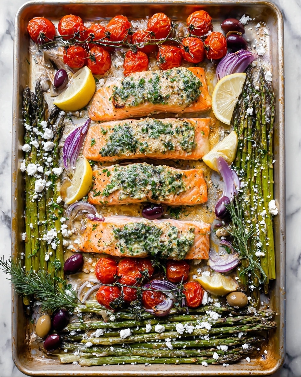 The image shows a baking tray on a white marbled surface with three pieces of roasted salmon arranged horizontally near the top. Each salmon piece has a crispy light orange color with green herb sauce spread on the upper part. Around the salmon, there are roasted cherry tomatoes in bright red, slices of pale yellow lemon, and small dark purple and green olives. Thin asparagus spears with a slightly charred look are lined up neatly at the bottom, sprinkled with crumbled white cheese. Scattered pieces of purple onion and sprigs of green herbs are placed around the tray, adding more color and texture. Photo taken with an iphone --ar 4:5 --v 7