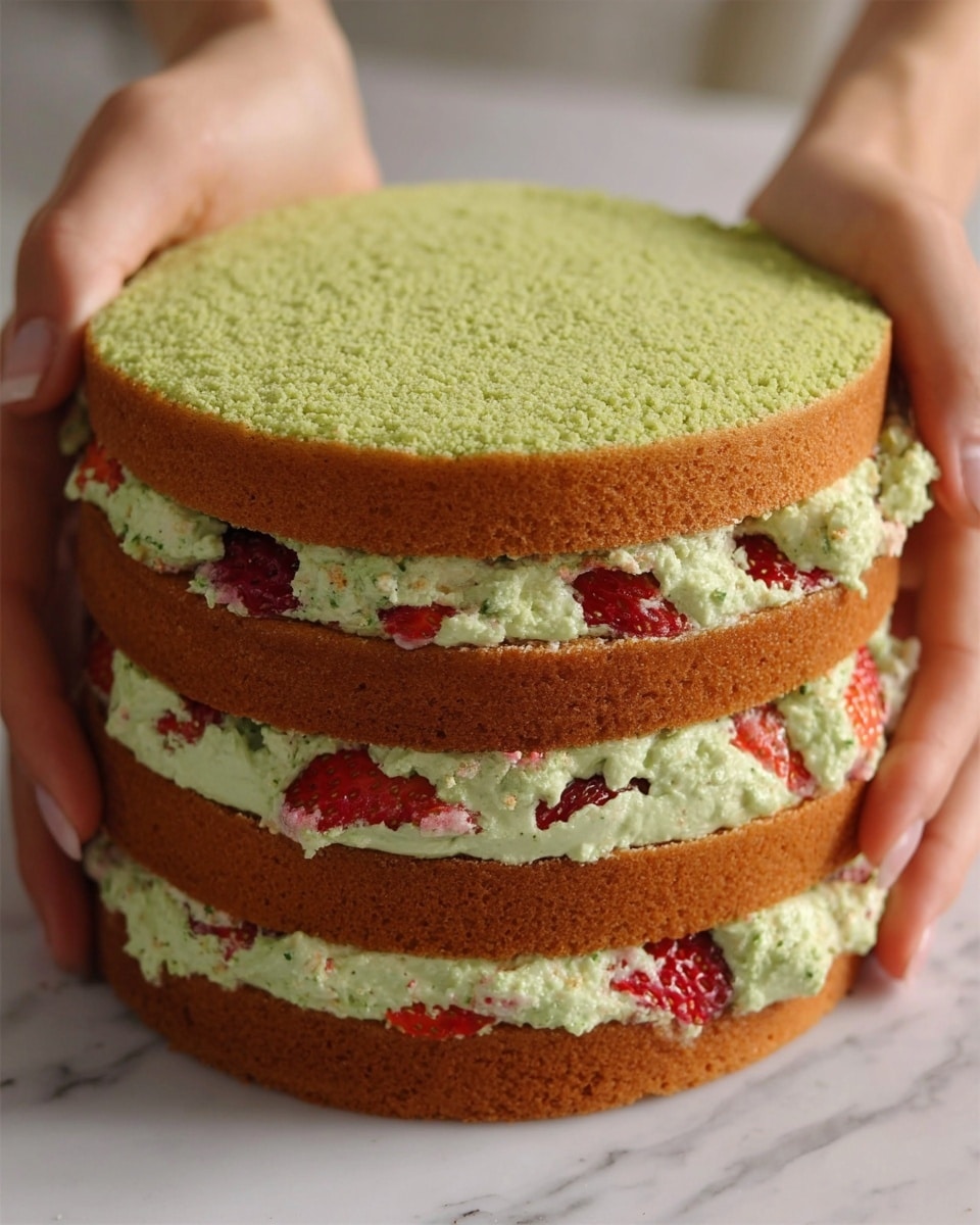 A three-layer round green sponge cake is shown being held gently by a woman's hand on each side. Each sponge layer has a light brown crust with a soft green interior. Between the layers, there are thick fillings of green cream with visible pieces of red strawberries embedded inside. The cake is placed on a white marbled surface. photo taken with an iphone --ar 4:5 --v 7