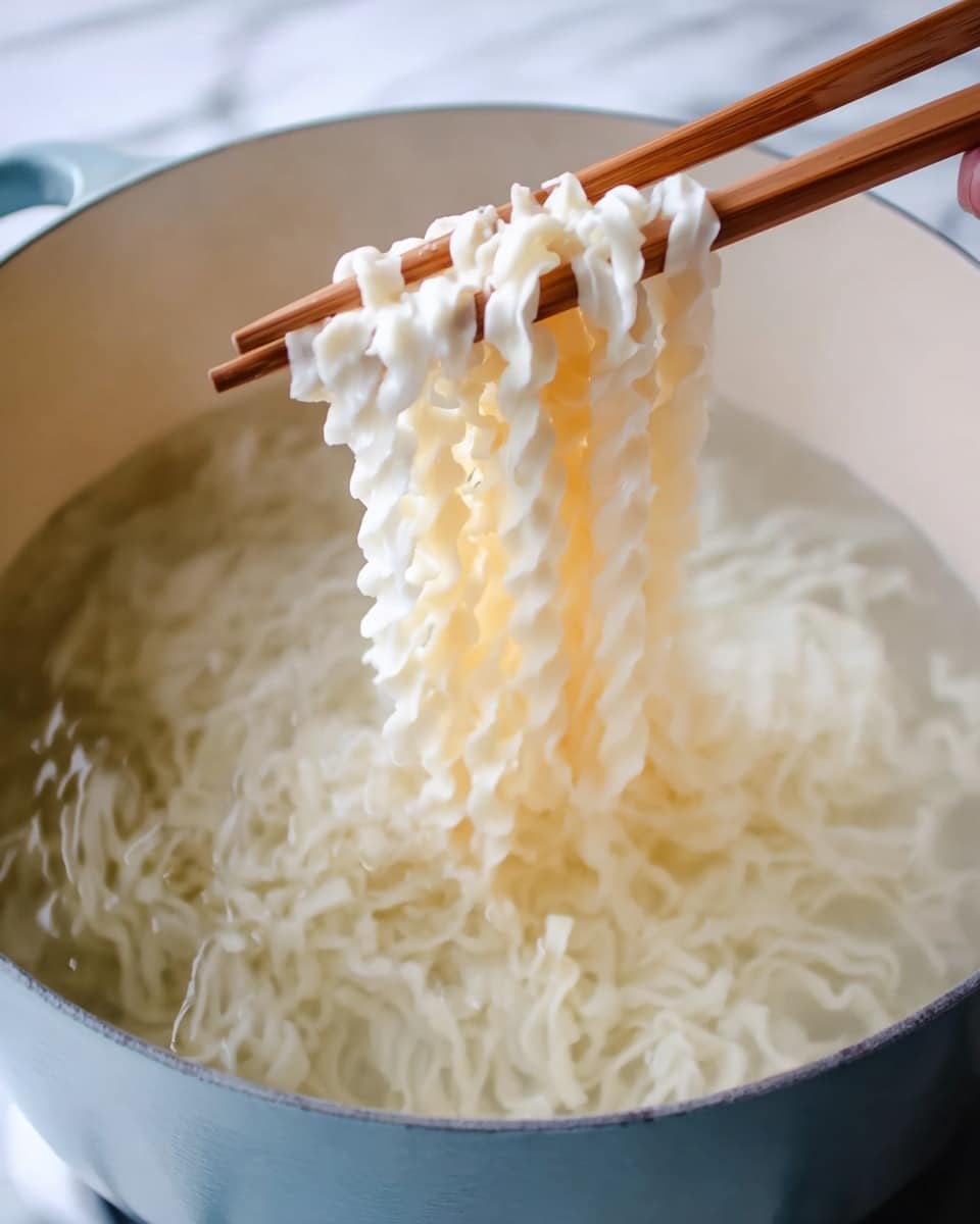 A close-up image of a light blue pot filled with boiling water and long, white noodles with ridged edges floating inside. A woman's hand is holding wooden chopsticks lifting several strands of the wavy ridged noodles out of the water, showing their soft and slightly translucent texture. The background is a white marbled surface. photo taken with an iphone --ar 4:5 --v 7