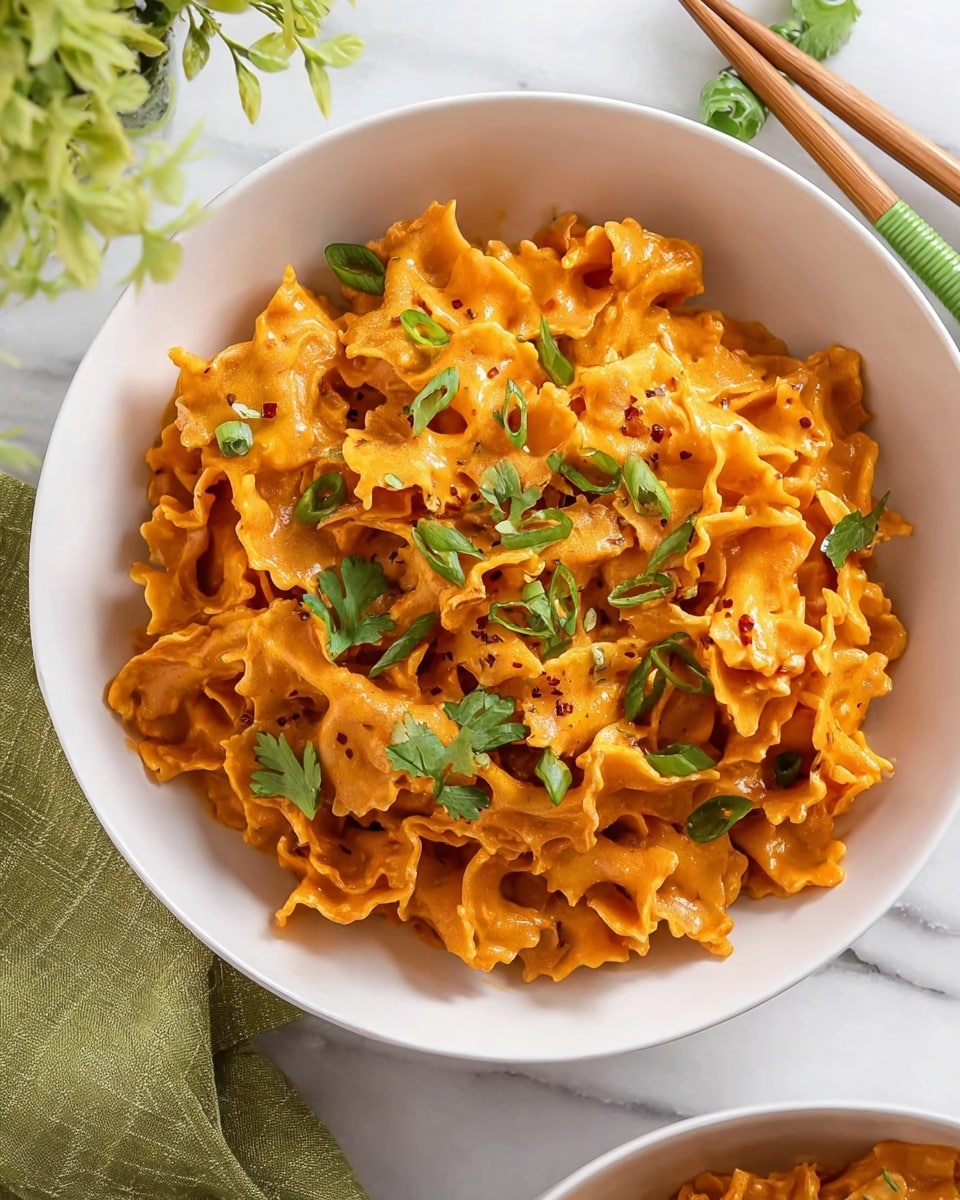 The image shows a white bowl filled with a layer of ruffled, wide pasta coated in a smooth, bright orange sauce. The pasta has a slightly glossy and creamy texture with some darker red specks of seasoning. Scattered on top are thin slices of green onions and small fresh cilantro leaves, adding a fresh green contrast to the orange pasta. The bowl sits on a white marbled surface next to a green cloth napkin and a pair of chopsticks with green accents, with a soft greenish plant blurred in the background. Photo taken with an iphone --ar 4:5 --v 7