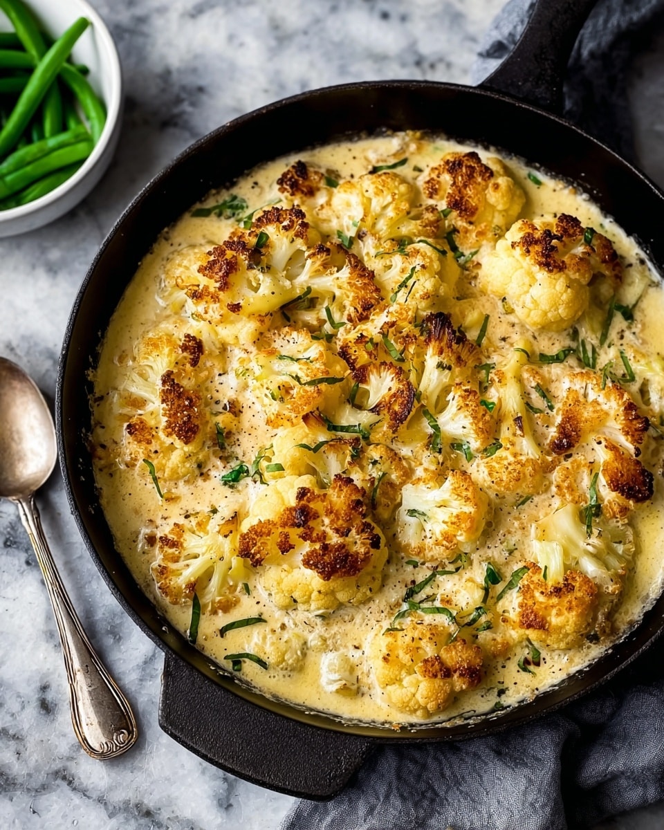 A black skillet filled with one layer of browned cauliflower florets on top, roasted to have golden and lightly charred edges. Below the cauliflower, a creamy sauce covers the base, light yellow in color with a smooth texture. Small green herb pieces are sprinkled on top, adding green spots among the white and golden cauliflower. The skillet rests on a white marbled surface with a vintage silver spoon nearby and small white bowl of green beans to the side. photo taken with an iphone --ar 4:5 --v 7