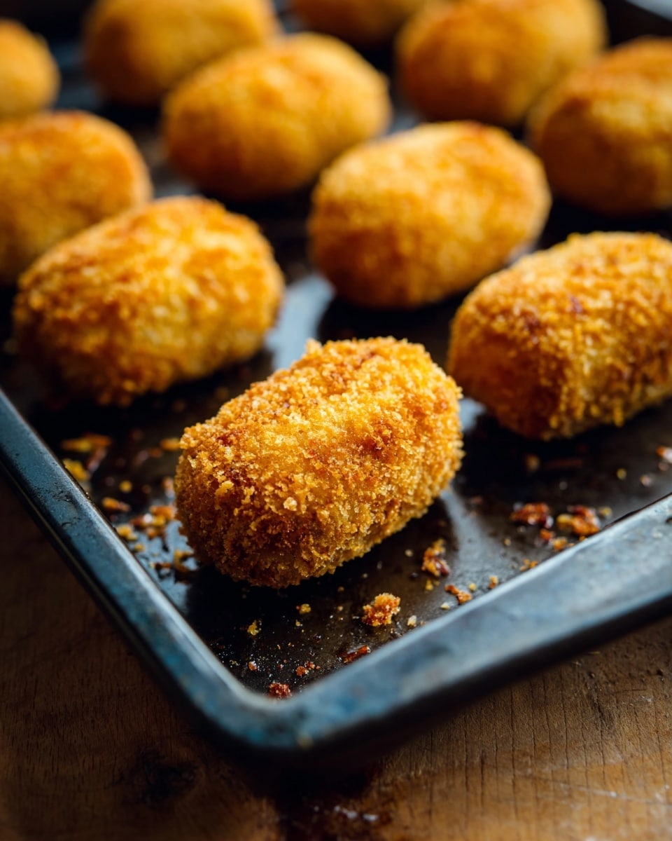 The image shows a baking tray filled with several golden, crispy fried croquettes. Each croquette is oval-shaped with a rough, crunchy texture from the coating, and they are evenly spaced across the dark metal tray. The focus is sharpest on the croquettes in the front, where you can see the detailed crispiness and golden color, while the croquettes further back become softly blurred. The tray rests on a wooden surface beneath, with bits of crumbs scattered around the croquettes. The background behind the tray is out of focus, keeping full attention on the warm, inviting croquettes. Photo taken with an iphone --ar 4:5 --v 7