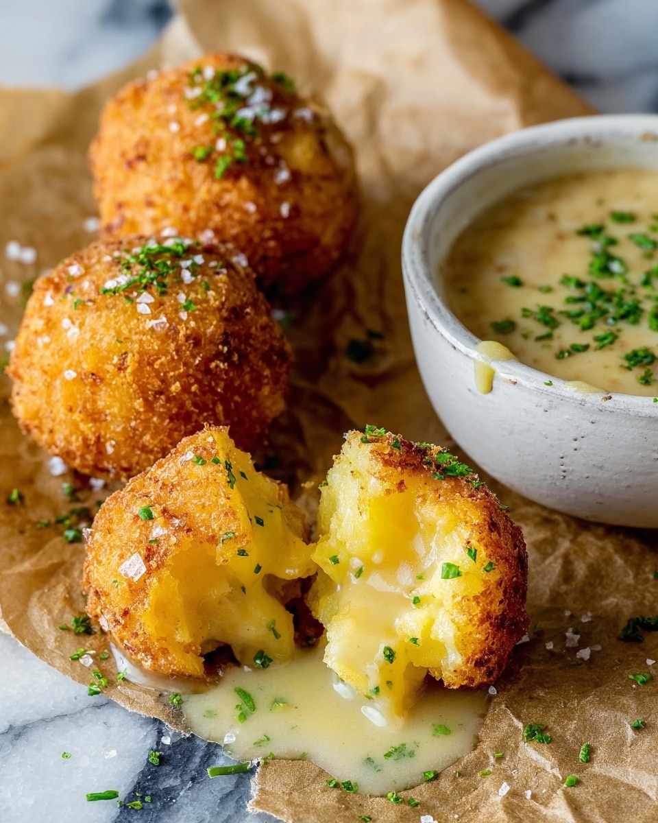 The image shows three golden-brown fried balls with a rough, crunchy texture, some sprinkled with small green herb pieces and coarse salt, resting on a piece of brown parchment paper over a white marbled surface. One ball is broken open in the front, revealing a soft, creamy, light-yellow mashed potato filling inside. In the background to the right, there is a small white bowl filled with a thick, creamy beige sauce topped with more green herbs, with some sauce slightly dripping from the bowl's edge. Photo taken with an iphone --ar 4:5 --v 7