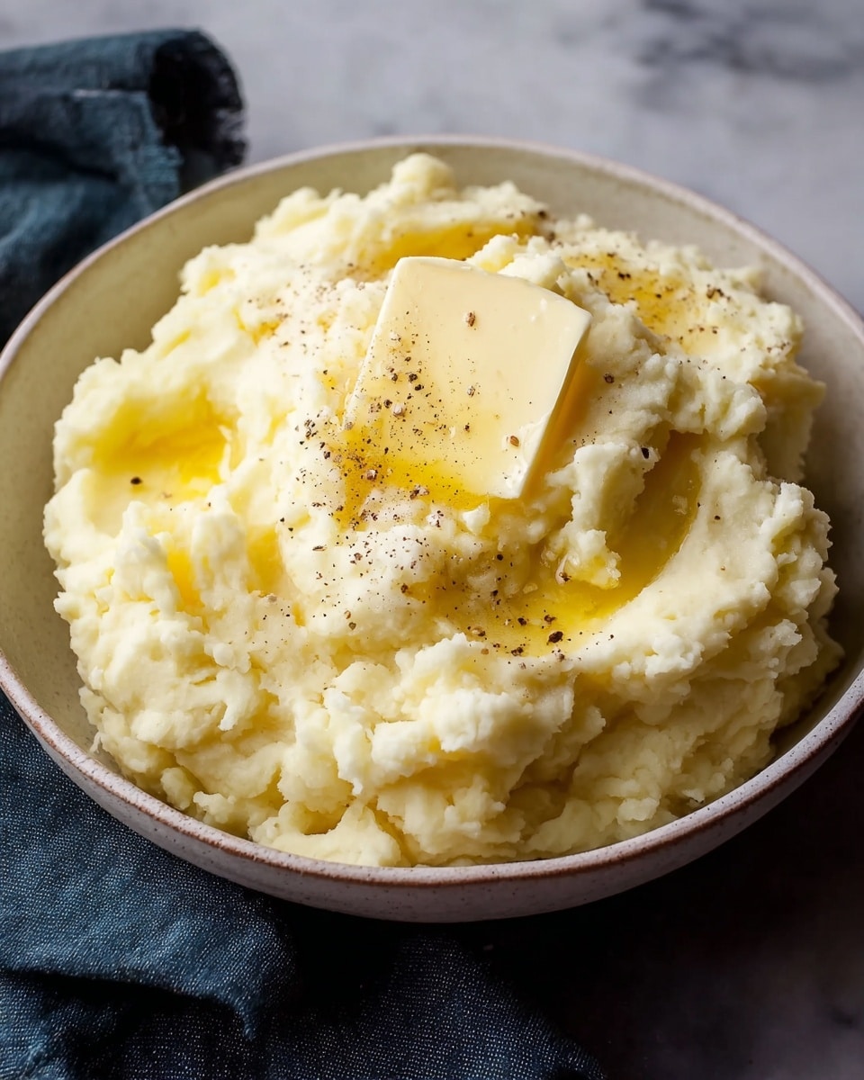 A mound of creamy mashed potatoes sits in a white bowl, showing a soft, fluffy texture with slight lumps. On top, there is a thick square of melting butter with a small drizzle of melted butter around it, and some black pepper sprinkled for contrast. The bowl is on a white marbled surface, and a dark cloth is partially visible around the bowl. The lighting emphasizes the rich, yellowish creaminess of the potatoes. Photo taken with an iphone --ar 4:5 --v 7