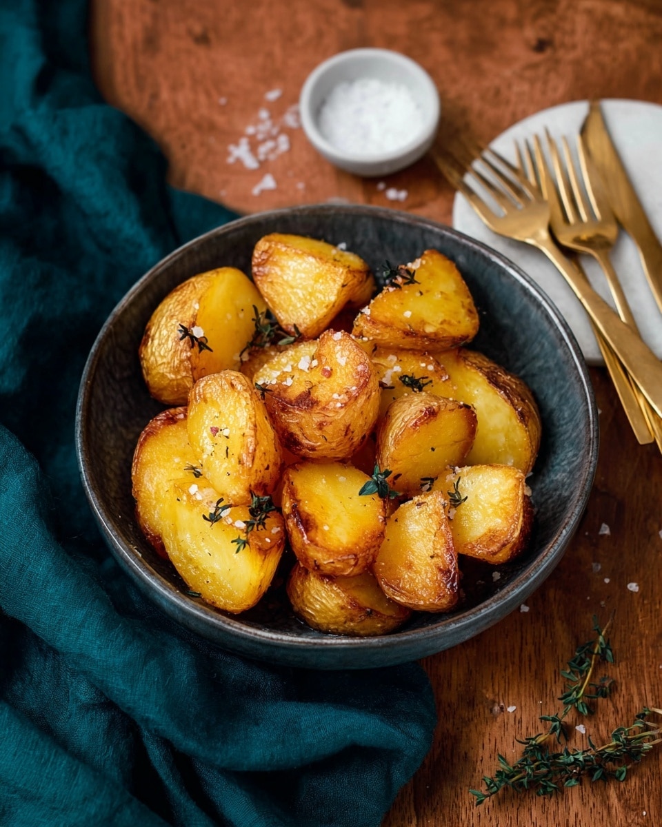 A bowl filled with several golden roasted potato pieces, each piece showing a crispy outer layer with a smooth yellow inside. The potatoes are scattered with coarse white salt flakes and small green thyme leaves. The bowl is dark and placed on a wooden table next to a small white dish filled with salt and a bunch of golden forks resting nearby. A dark teal cloth is partially under the bowl on the left side. The whole scene is set on a white marbled textured surface photo taken with an iphone --ar 4:5 --v 7