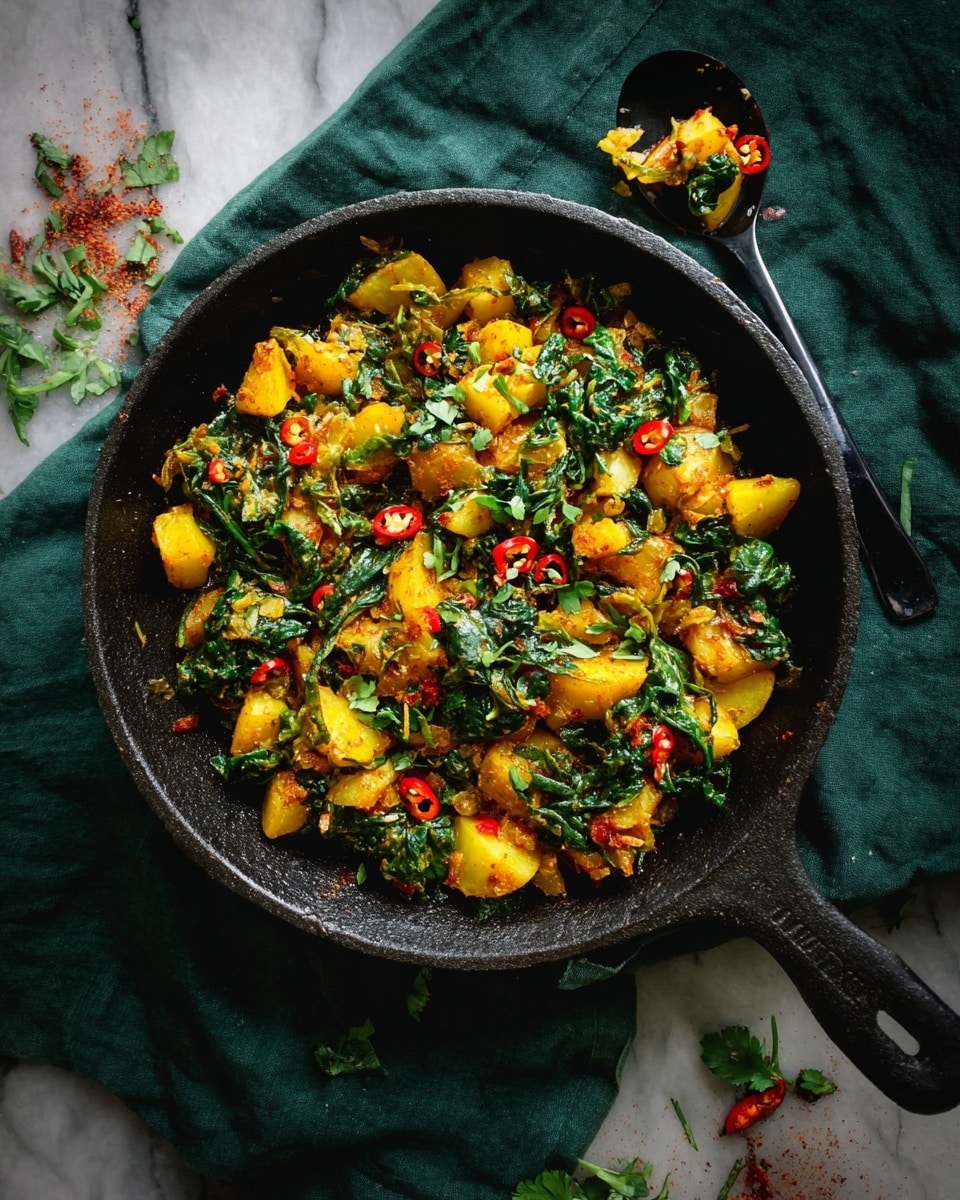 A black cast iron pan filled with a colorful vegetable dish, showing about three layers: the bottom layer has chopped yellow potatoes with a soft texture, the middle layer contains vibrant green spinach leaves mixed evenly, and the top layer is sprinkled with small red chili slices and green chopped herbs. The pan rests partly on a dark green cloth, all placed on a white marbled surface. A black spoon with some food remains is positioned to the top right of the pan, and some scattered green herbs and red chilies decorate the surface outside the pan. photo taken with an iphone --ar 4:5 --v 7