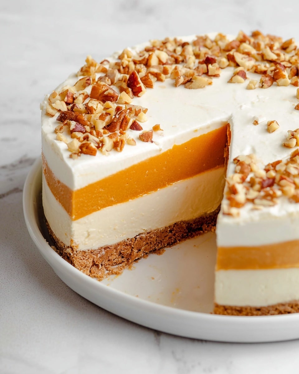 The image shows a white round dish with a layered dessert inside. There are four visible layers from bottom to top: a crumbly brown base, a thick creamy off-white layer, a smooth thick orange layer, and a thick white creamy top layer sprinkled with chopped brown nuts. A slice has been taken out of the dessert, showing the clean, even layers inside. The dish sits on a white marbled surface. photo taken with an iphone --ar 4:5 --v 7