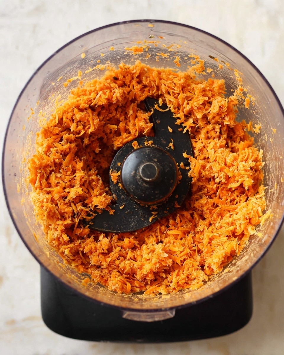 The image shows a food processor bowl filled with finely shredded orange and light brown bits, likely shredded carrots mixed with some other ingredients. The food processor's central black blade holder is visible in the middle, surrounded by the shredded mixture, which has a coarse and crumbly texture. The clear plastic bowl has some scratches and small smears of the orange mixture on the sides. The food processor sits on a black base, placed on a white marbled surface. Photo taken with an iphone --ar 4:5 --v 7