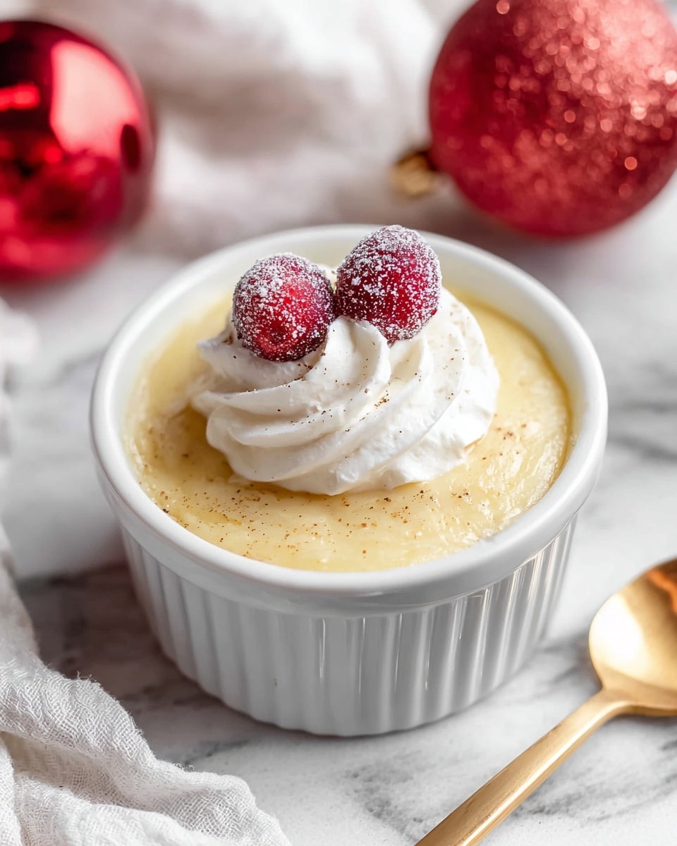 A small white ceramic ramekin holds three visible layers: the bottom layer is smooth pale yellow pudding, thick and creamy with a few fine specks of brown on the surface, the middle layer is a dollop of white whipped cream neatly swirled on top, and lastly, two small bright red cranberries coated with a fine layer of sugar rest on the cream. The ramekin sits on a white marbled surface with a hint of a white cloth nearby and a gold spoon in the foreground. The background is softly blurred with a shiny red ornament visible, suggesting a festive setting. Photo taken with an iphone --ar 4:5 --v 7