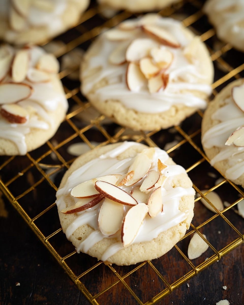 The image shows soft round cookies arranged on a golden wire cooling rack with a dark wooden background. Each cookie has a light beige base layer, topped with smooth white icing drizzled in three stripes across the top. Scattered over the icing are thin, crisp almond slices with a mix of light tan and darker brown edges. The texture of the cookies looks soft and slightly crumbly with the almonds adding a crunchy contrast. photo taken with an iphone --ar 4:5 --v 7