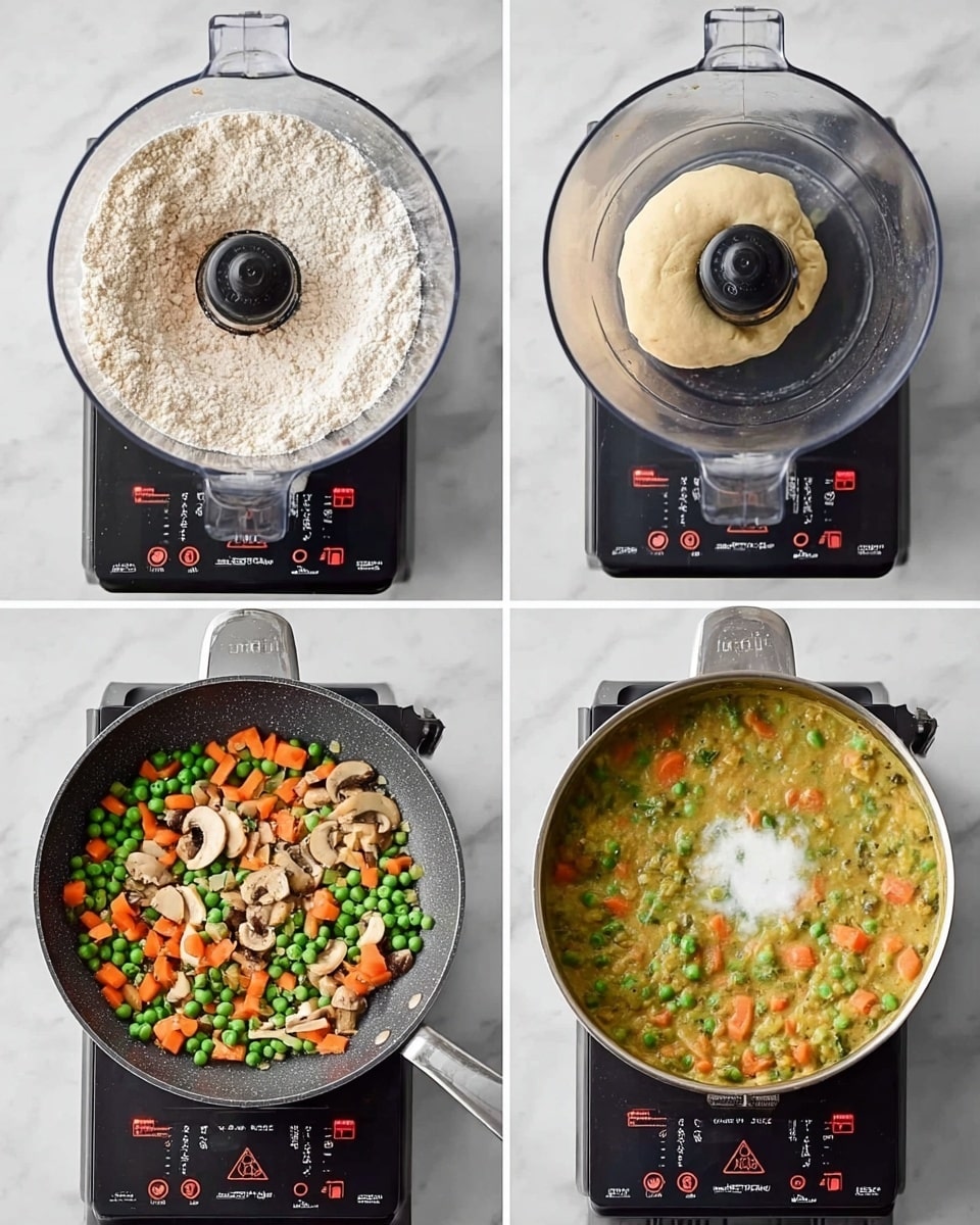 The image shows four steps of cooking in a food processor and pan on a white marbled surface. The first top-left picture shows dry light beige and white flour-like powders layered inside the clear food processor bowl. The second top-right picture shows the mixture forming a pale beige dough ball resting near the blades inside the food processor bowl. The third bottom-left picture shows a black frying pan with chopped green beans, orange carrot pieces, sliced mushrooms, and chopped onions cooking on a dark stovetop with red digital controls. The fourth bottom-right picture shows the same pan filled with a thick greenish-yellow stew containing peas, carrots, and some nuts or small round pieces, with a dollop of white creamy liquid in the middle. Photo taken with an iphone --ar 4:5 --v 7