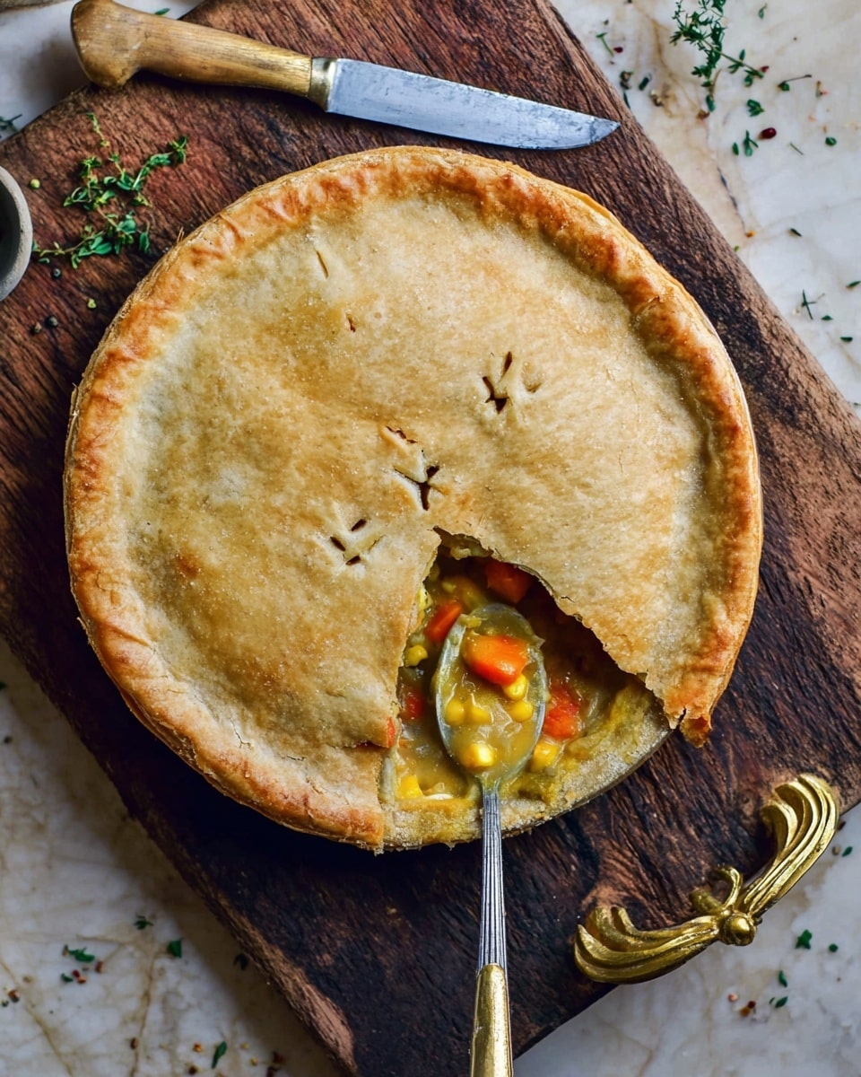 A round savory pie with a golden brown crust sits on a rough wooden board with two ornate golden handles on each side. The pie has a thick, even top crust with six small steam slits in the center. A slice is removed from the crust, showing a thick yellowish filling with visible pieces of orange carrots, yellow corn, and chunks of vegetables or meat inside. A silver spoon is scooping the filling from the open section, and a knife with a wooden handle rests nearby. Small green herbs are scattered lightly around the pie on the wood surface, which is replaced by a white marbled texture. photo taken with an iphone --ar 4:5 --v 7