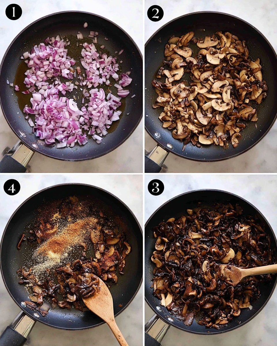 A black pan is shown in four steps of cooking on a white marbled surface. Step 1 shows small diced purple onions spread thinly across the pan with some oil. Step 2 adds a layer of various mushrooms, light to dark brown in color, mixed with the onions and topped with small pieces of chopped garlic. Step 3 shows the cooked mushrooms and onions mixed with a layer of ground spice powder, light brown with specks, scattered on top. Step 4 shows the final cooked mixture of dark brown sautéed mushrooms, onions, and garlic with the spices fully mixed in, being stirred by a wooden spoon. The photo taken with an iphone --ar 4:5 --v 7