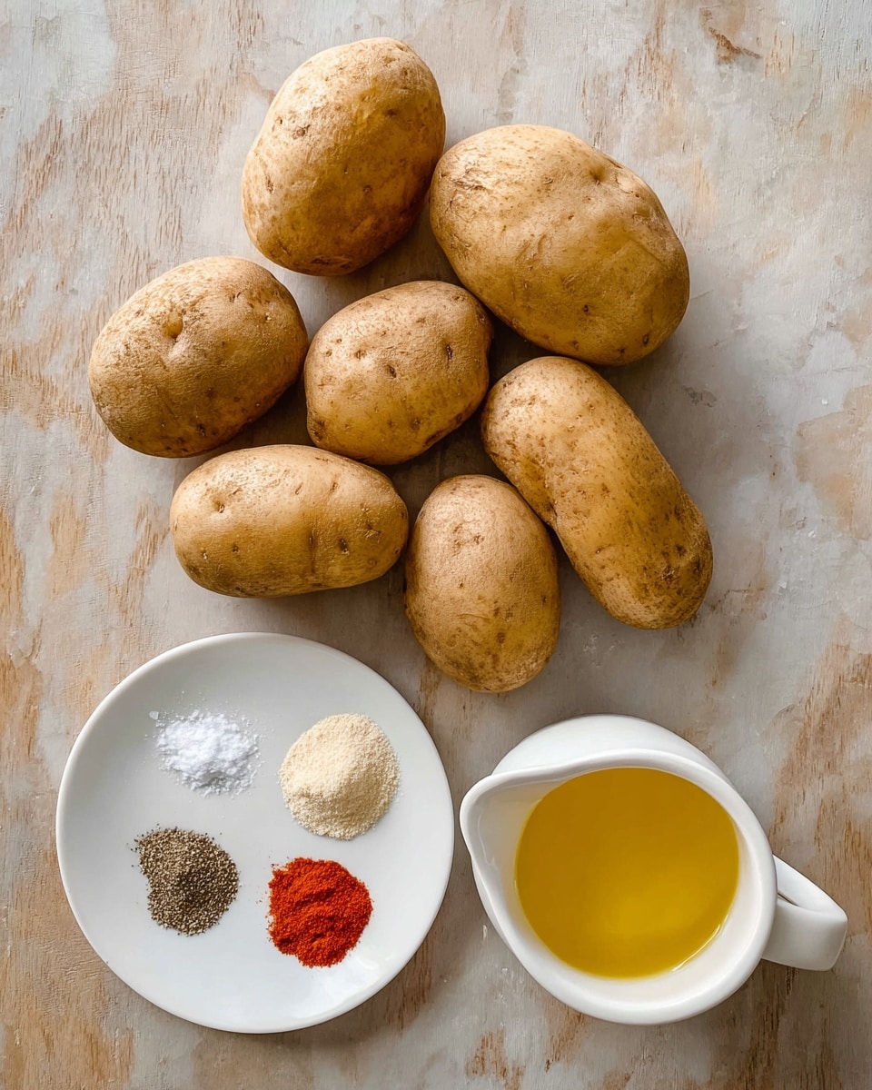 The image shows eight raw potatoes with a rough light brown skin placed on a white marbled surface, arranged loosely in an irregular shape. Below the potatoes, there is a small white plate holding four piles of spices: black pepper (dark specks), garlic powder (light beige powder), paprika (bright red powder), and salt (white granules), each forming a small mound. To the right of the plate is a white pitcher filled with a yellow liquid that looks like melted butter or oil. Photo taken with an iphone --ar 4:5 --v 7