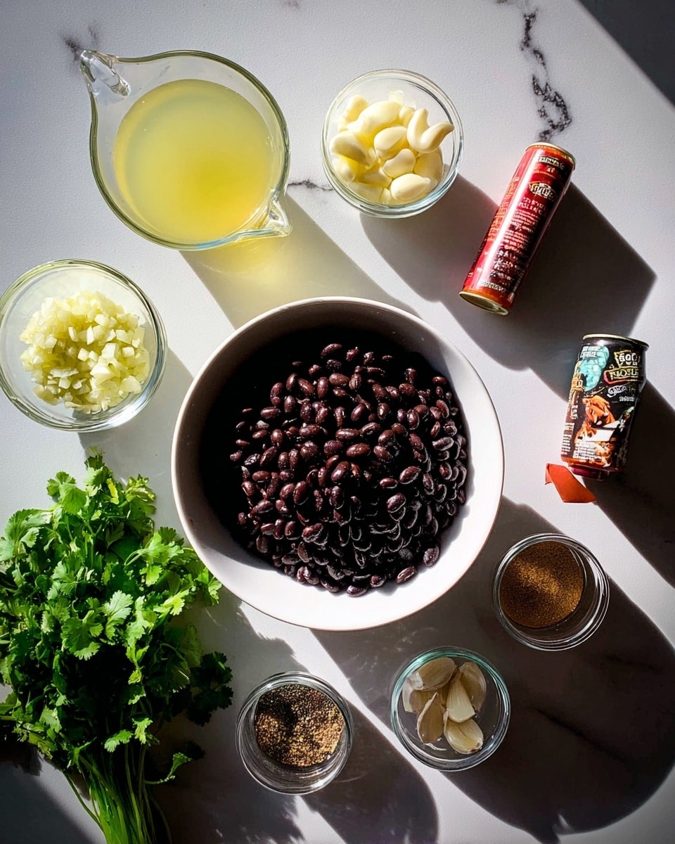 The image shows several ingredients placed on a white marbled surface. In the center, there is a white bowl filled with black beans. To the top left of the beans, a clear glass measuring cup contains a light yellow liquid. Around these central items, there are small bowls and containers with different ingredients: chopped onions in a white bowl, garlic pieces in a clear small bowl, mixed spices together in another clear small bowl, a red tube of tomato paste lying flat, and a metal container with a light brown powder. A bunch of fresh green cilantro rests at the bottom left of the arrangement. The lighting is bright and natural, and the scene is neat and clean. Photo taken with an iphone --ar 4:5 --v 7