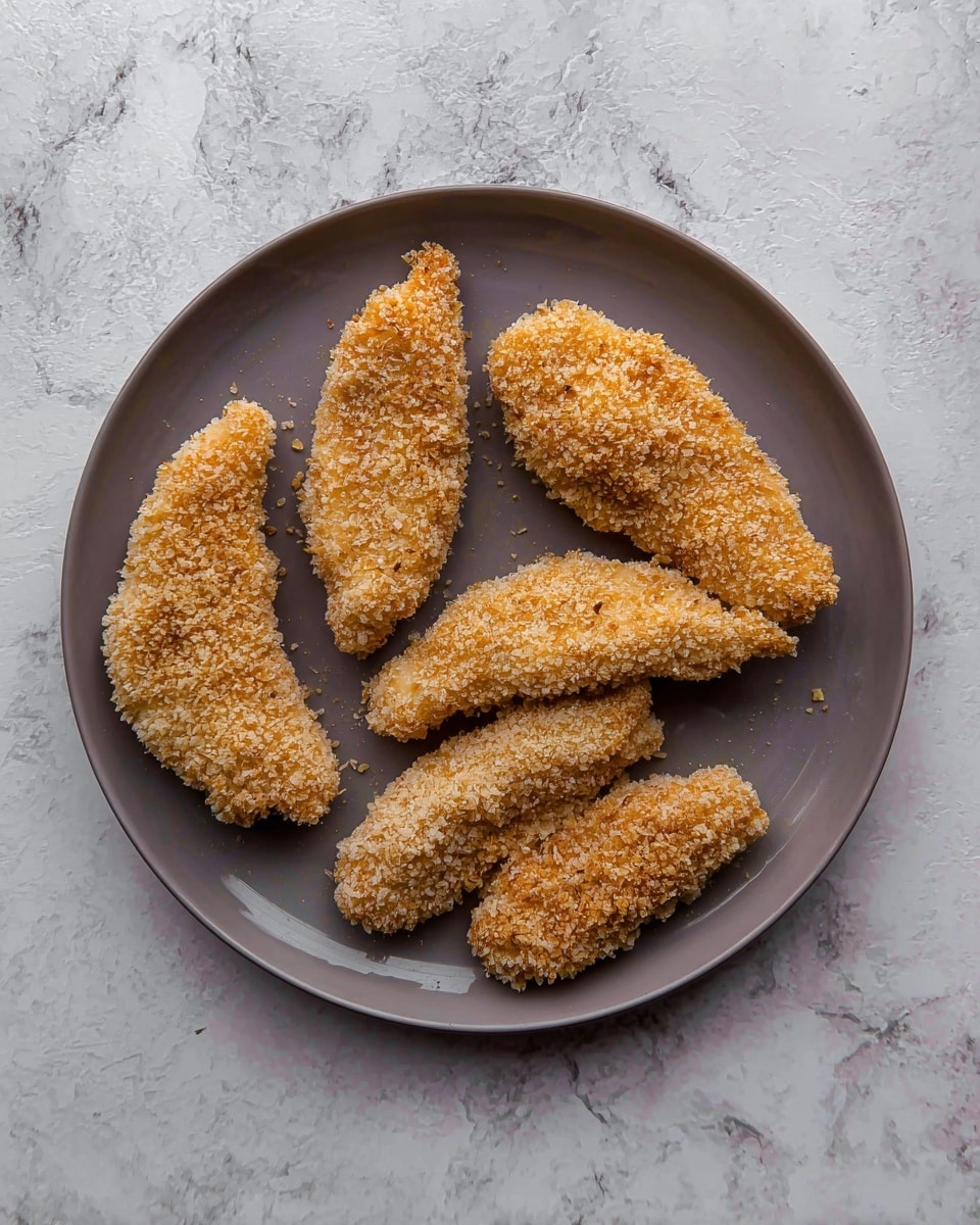 The image shows five pieces of breaded food arranged on a round white plate. Each piece is coated with a light tan, crumbly texture, giving a crunchy look. The pieces vary in size and shape, some longer and curved while others are shorter and more triangular. The white plate sits on a white marbled surface, adding a clean and simple background. The photo is taken from above, showing the crumb coating clearly on each piece. photo taken with an iphone --ar 4:5 --v 7