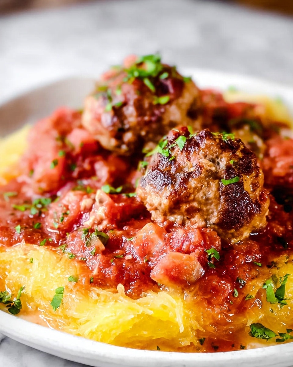 The dish shows two large, round meatballs on top of a red chunky tomato sauce layer with visible pieces of tomato and herbs. These sit on a yellowish, slightly crispy spaghetti squash layer that covers the bottom of a white plate. Chopped green herbs are sprinkled on top of the meatballs and around the edges of the squash, adding a fresh look. The white plate is set on a surface that looks like white marble. photo taken with an iphone --ar 4:5 --v 7