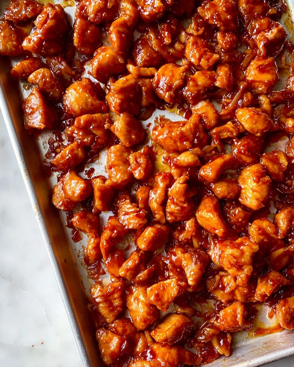 The image shows many small pieces of cooked chicken covered in a shiny reddish-brown sauce, spread evenly on a white baking tray. The chicken pieces are irregular in shape, some with crispy edges, and the sauce pools slightly around them, giving a glossy look. The tray sits on a white marbled surface with no other visible items around. The overall look is warm with rich brown and orange colors highlighting the texture and juiciness of the chicken. photo taken with an iphone --ar 4:5 --v 7