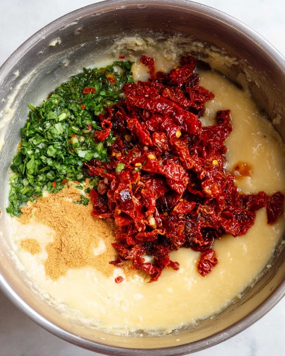 The image shows a close-up of a metal bowl with four visible layers of ingredients. The bottom and largest layer is smooth and pale yellow, covering most of the bowl. On the right center is a thick pile of chopped dried red tomatoes with an oily, slightly shiny texture. To the left of the tomatoes, there are small green leafy herbs, finely chopped and fresh-looking. Near the green herbs, there is a small portion of light brown powder, and scattered bits of red chili flakes are visible around the tomato pile. The bowl rests on a white marbled surface. photo taken with an iphone --ar 4:5 --v 7