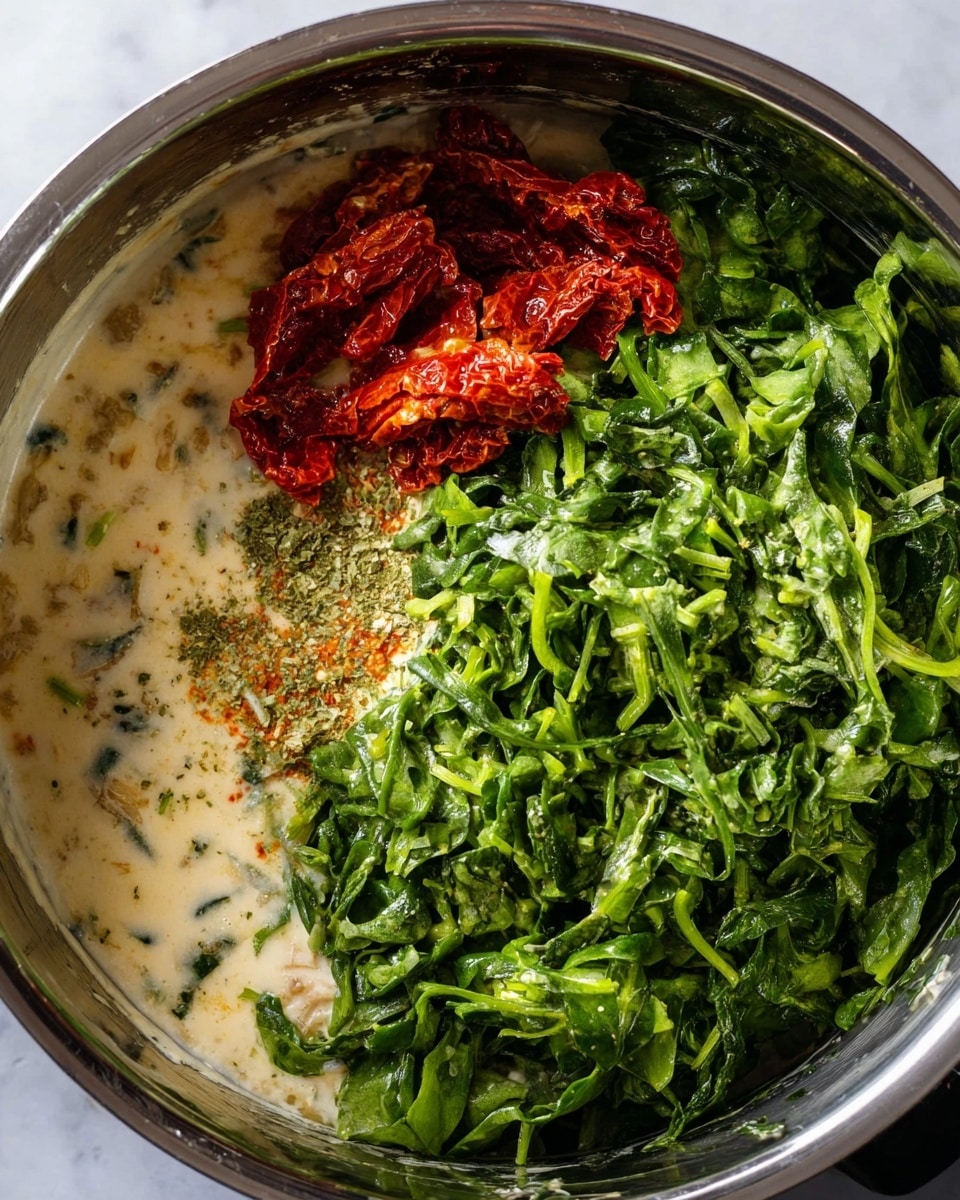 A close-up view inside a shiny silver pot showing three main layers of ingredients before mixing: at the left bottom is a light beige creamy sauce with visible small green herbs and spices, on the right bottom there is a small pile of bright red sun-dried tomatoes with a slightly oily texture, and covering the top part of the pot is a large amount of fresh dark green chopped spinach leaves. The pot is placed on a white marbled surface. Photo taken with an iphone --ar 4:5 --v 7
