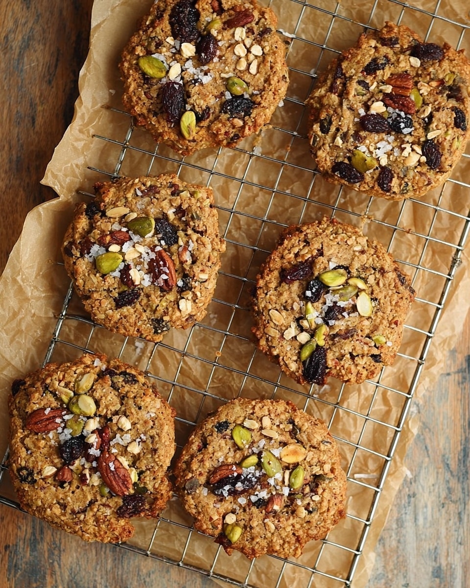 The image shows six round oatmeal cookies placed on a cooling rack lined with brown parchment paper. Each cookie has a rough texture with a golden-brown color and is topped with a mix of chopped nuts including pecans and pistachios, along with pieces of dark dried fruit, likely raisins or cherries. Visible flaky salt is sprinkled on the tops of some cookies, adding a slight shine. The cooling rack is placed on a wooden surface but for the prompt, this will be changed to a white marbled texture. The cookies are spaced out evenly across the rack, creating a rustic and homemade feel. photo taken with an iphone --ar 4:5 --v 7