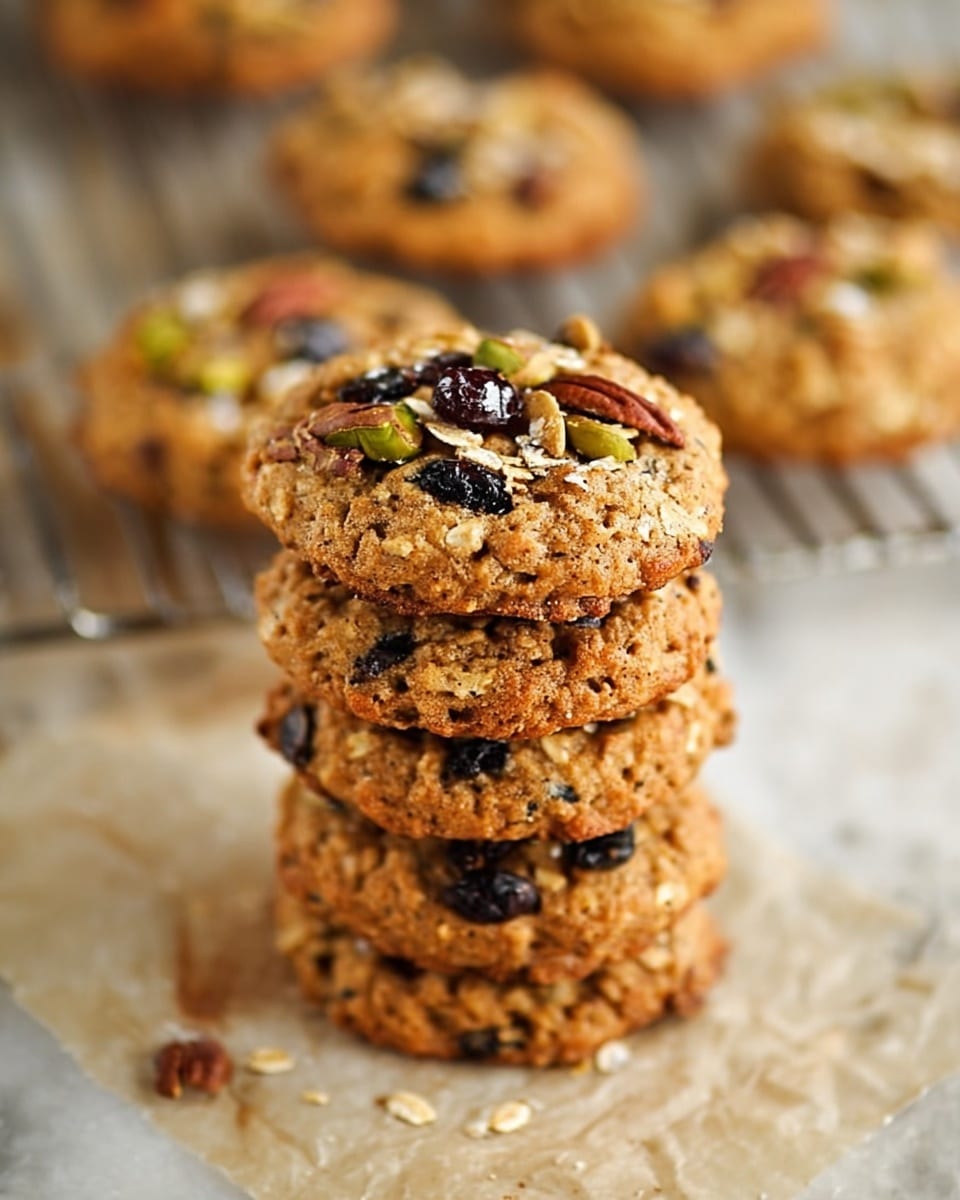 A stack of five round oatmeal cookies is shown, each cookie thick and golden brown with rough texture. The top layer is decorated with chopped pecans, pistachios, and dark raisins, adding dark brown and green tones scattered on the cookie surface. The cookies have visible oats embedded, giving a grainy look. In the background, more cookies sit on a wire rack lined with light brown parchment paper, all placed on a white marbled surface. The overall image is warm with a slight blur in the background, focusing sharply on the stacked cookies in front photo taken with an iphone --ar 4:5 --v 7