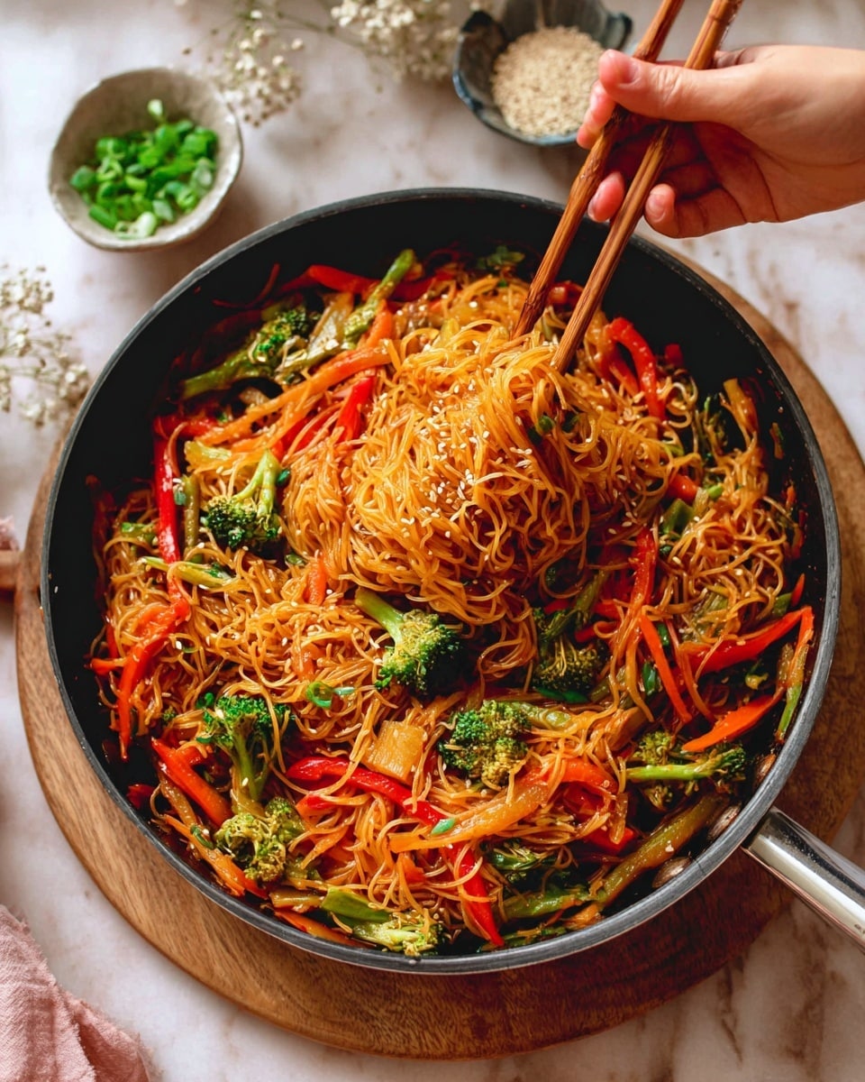 A large black frying pan filled with thin, shiny orange noodles mixed with bright green broccoli florets, thin red bell pepper strips, and slim orange carrot sticks, all tossed together evenly. A woman's hand is using a pair of wooden chopsticks to lift a small bundle of the noodles and vegetables from the middle of the pan. The pan rests on a wooden board placed on a white marbled surface. In the background, there is a small bowl of chopped green herbs and a small dish of white sesame seeds nearby, adding more color and texture to the scene. Photo taken with an iphone --ar 4:5 --v 7