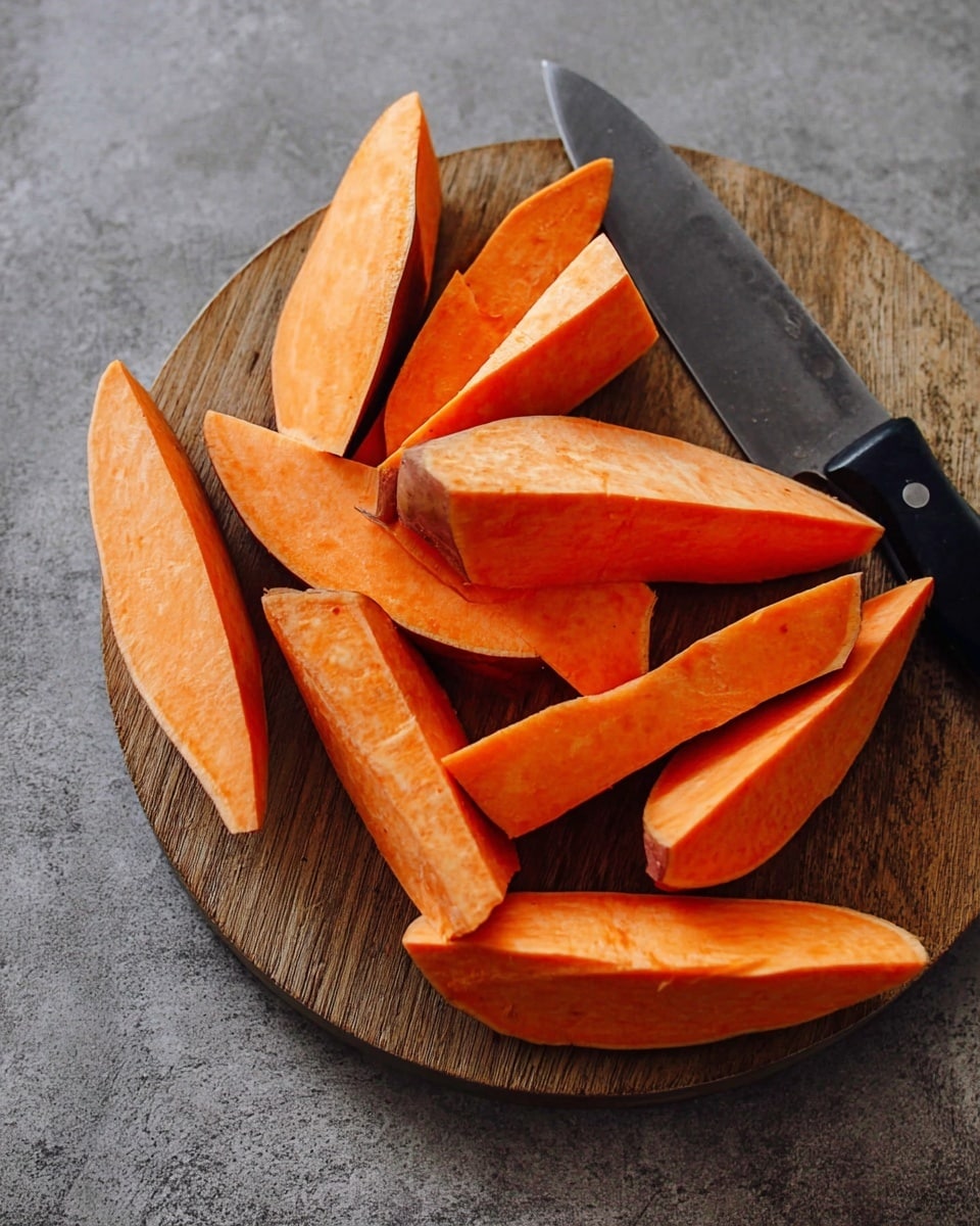 The image shows a round wooden board topped with several thick orange sweet potato wedges arranged unevenly, with some overlapping. The wedges have a smooth, firm texture and are bright orange inside. A large kitchen knife with a black handle rests behind the wedges on a smooth gray surface. Photo taken with an iphone --ar 4:5 --v 7