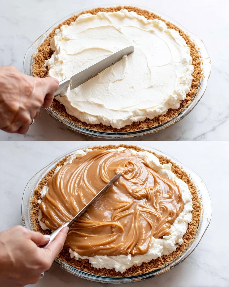 The image shows two steps of making a layered pie in a clear glass pie dish on a white marbled surface. The first step has a thick crumbly golden brown crust forming the bottom layer and edges, topped with a smooth, thick, white creamy layer being spread evenly with a knife held by a woman's hand. In the second step, the white creamy layer is fully spread, and a thick, glossy, light brown caramel-like sauce is being spread on top with the same knife and a woman's hand, creating a swirled pattern over the white layer. The textures are distinct with the crumbly crust, smooth white cream, and shiny caramel sauce layered visually. Photo taken with an iphone --ar 4:5 --v 7