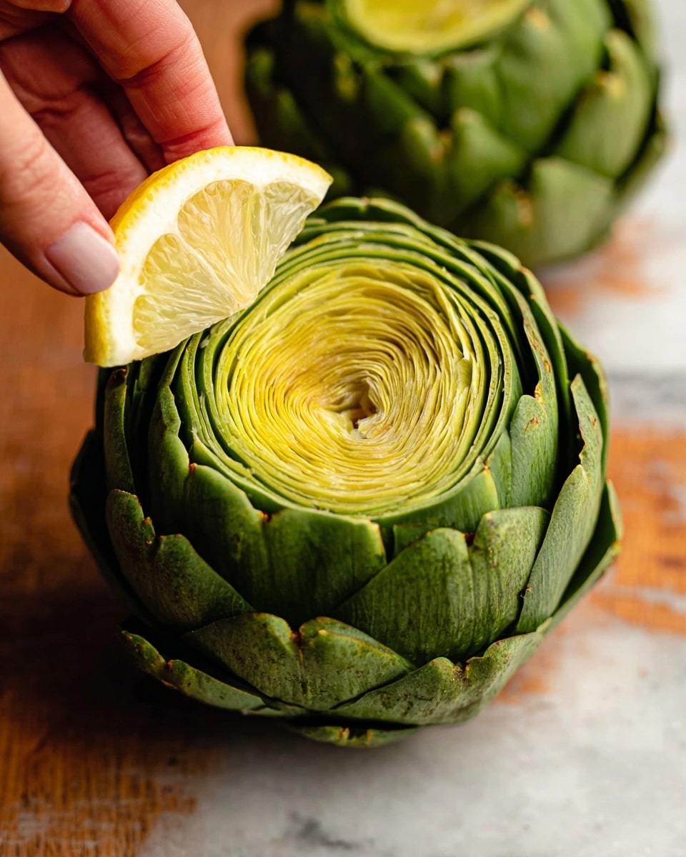 A close-up image showing a green artichoke with many tightly packed layered leaves that are dark green on the edges and lighter green toward the center, revealing a yellowish heart in the middle. A woman's hand is holding a small lemon wedge near the artichoke, with the lemon's interior pale yellow and the outer peel bright yellow. Another whole artichoke is blurred in the top corner on a white marbled surface. Photo taken with an iphone --ar 4:5 --v 7