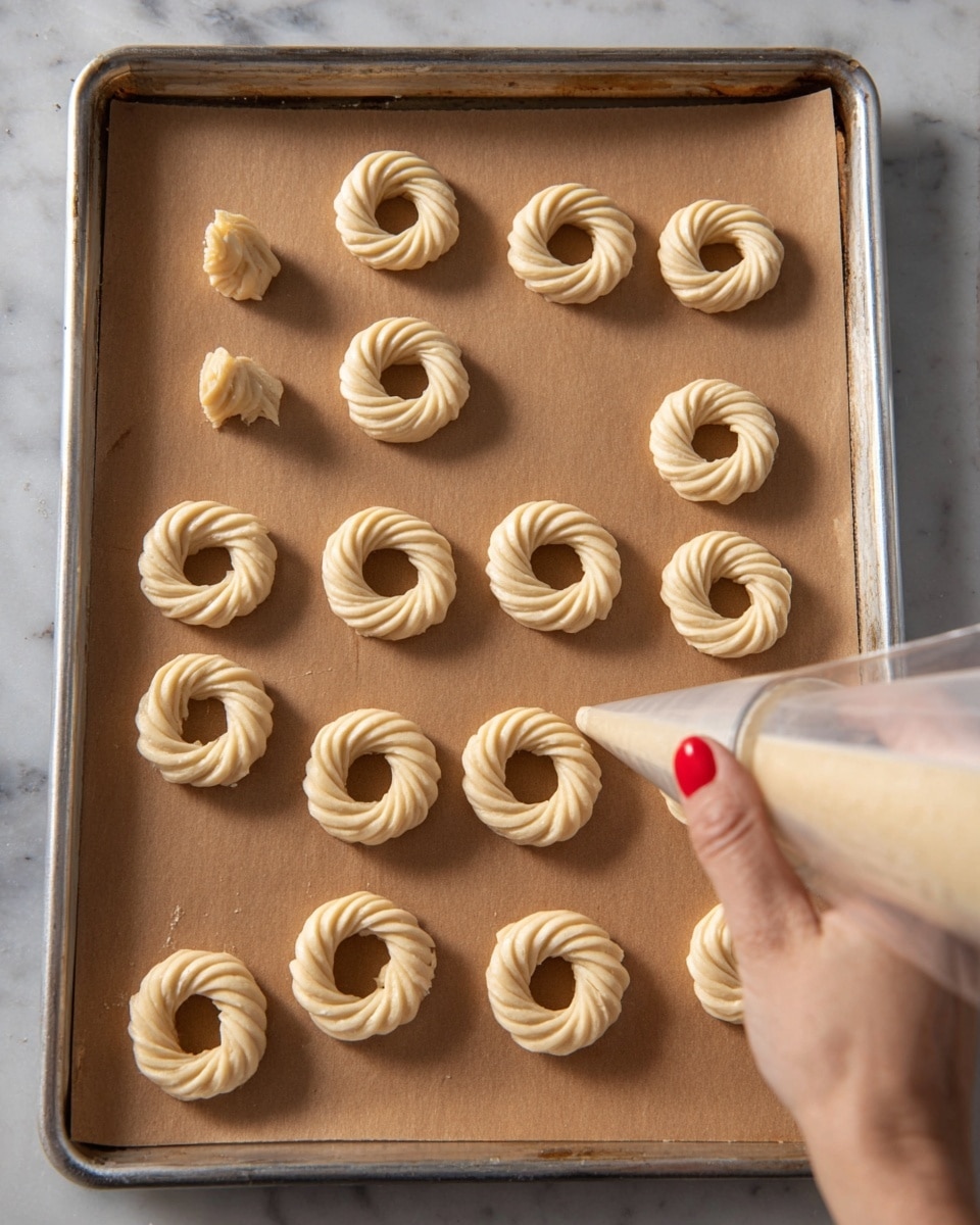 The image shows a silver baking tray lined with brown paper on a white marbled surface. There are 15 small cookie dough rings piped evenly across the tray, each with a smooth, pale cream color and ridged texture, forming a twisted circular shape with a hollow center. A woman's hand with red-painted nails is visible in the bottom right corner, holding a clear piping bag with beige dough, piping another ring onto the paper. The lighting is natural and soft, highlighting the texture of the dough and the neatness of the arrangement. Photo taken with an iphone --ar 4:5 --v 7