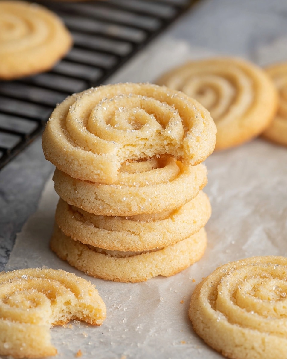 The image shows a stack of five light golden round cookies with a soft, crumbly texture and a spiral pattern on top, placed on white parchment paper. The top cookie has a bite taken from it, revealing a slightly soft inside. Around the stack, there are more cookies of the same kind, with one broken piece showing the same texture. The cookies have a light sprinkling of coarse sugar crystals on them, adding a slight sparkle. The setup is on a black cooling rack placed on a surface with a white marbled texture. Photo taken with an iphone --ar 4:5 --v 7