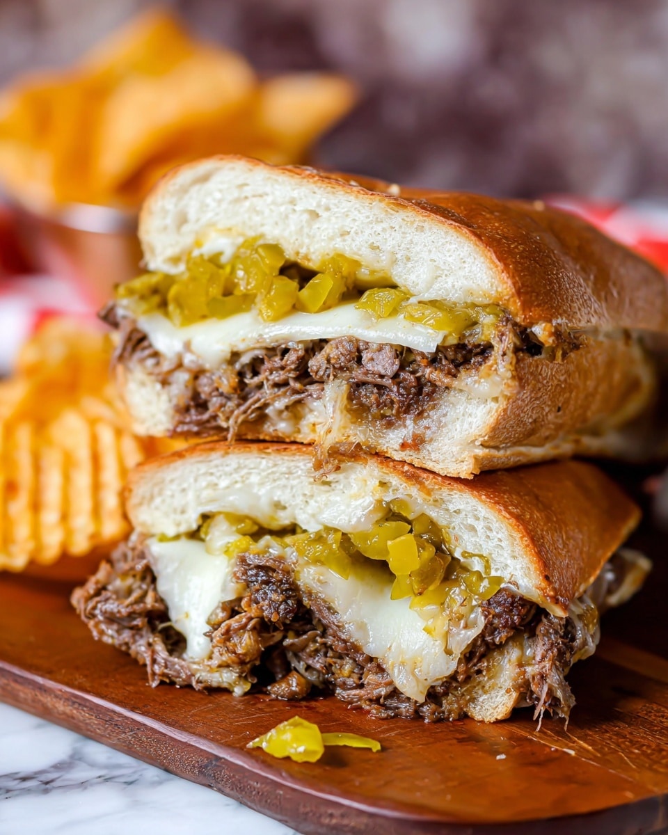 A sandwich cut in half stacked one on top of the other showing three main layers inside a soft, toasted brown bread roll. The first layer is melted white cheese that looks smooth and slightly shiny. The second layer is dark brown shredded meat mixed with small pieces of cooked onions or peppers. The third layer is bright yellow-green pepper slices spread on top of the meat. The sandwich sits on a wooden board with some sandwich filling spilled outside. In the background, there is a blurred view of wavy potato chips on white marbled texture. Photo taken with an iphone --ar 4:5 --v 7